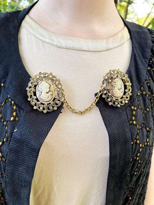 Gold-toned Cameo Cloak Clasp, Costume Cameo Brooch w/ Rhinestones | Victorian Fairytale Closure, Gothic Edwardian Adult Costume Accessories