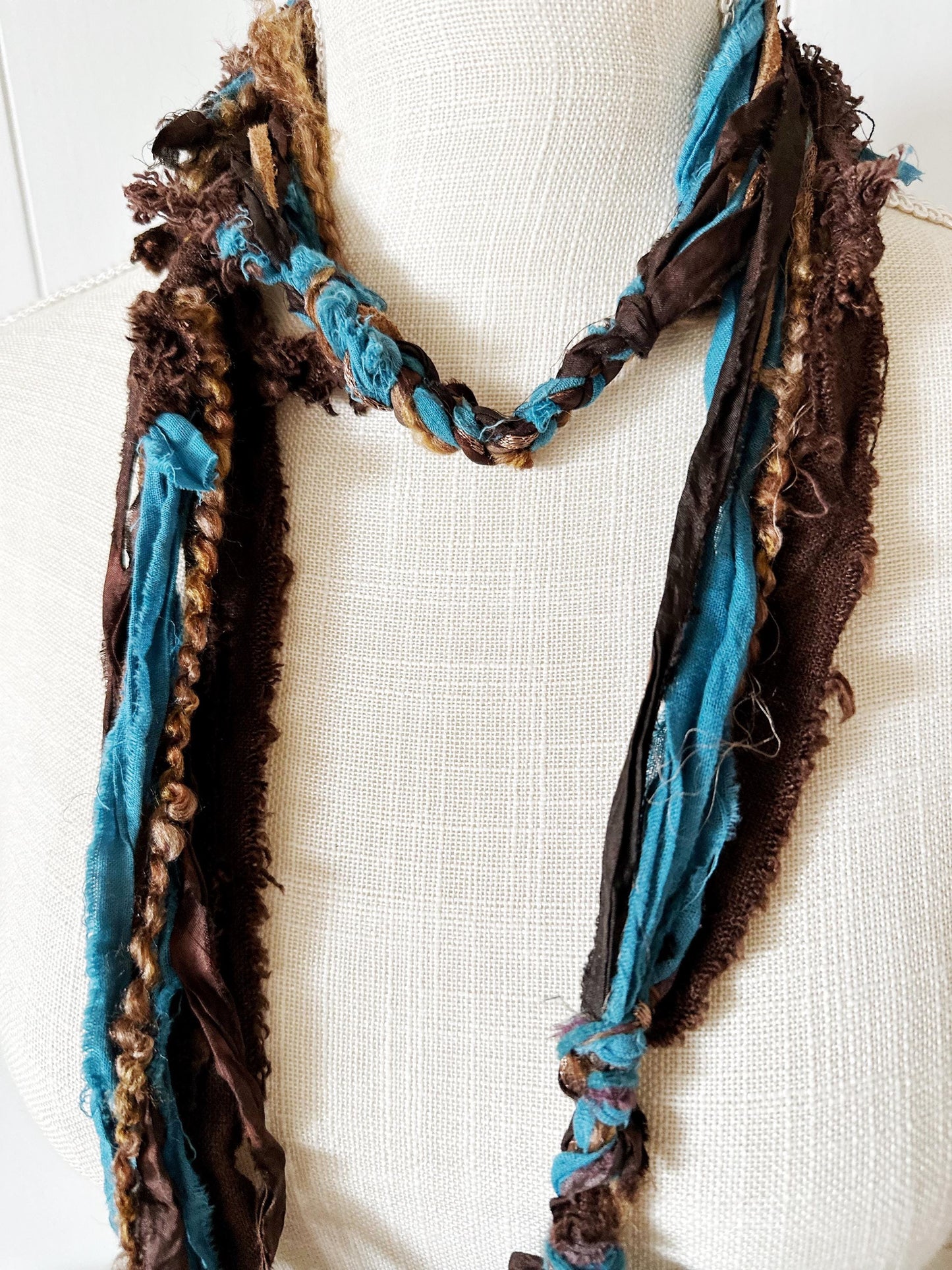 Boho Skinny Scarf | Hippie Clothes | "Seaside Rendezvous" Festival Scarf | Extra Long Unique Statement Scarves | Organic Cotton, Silk, Suede