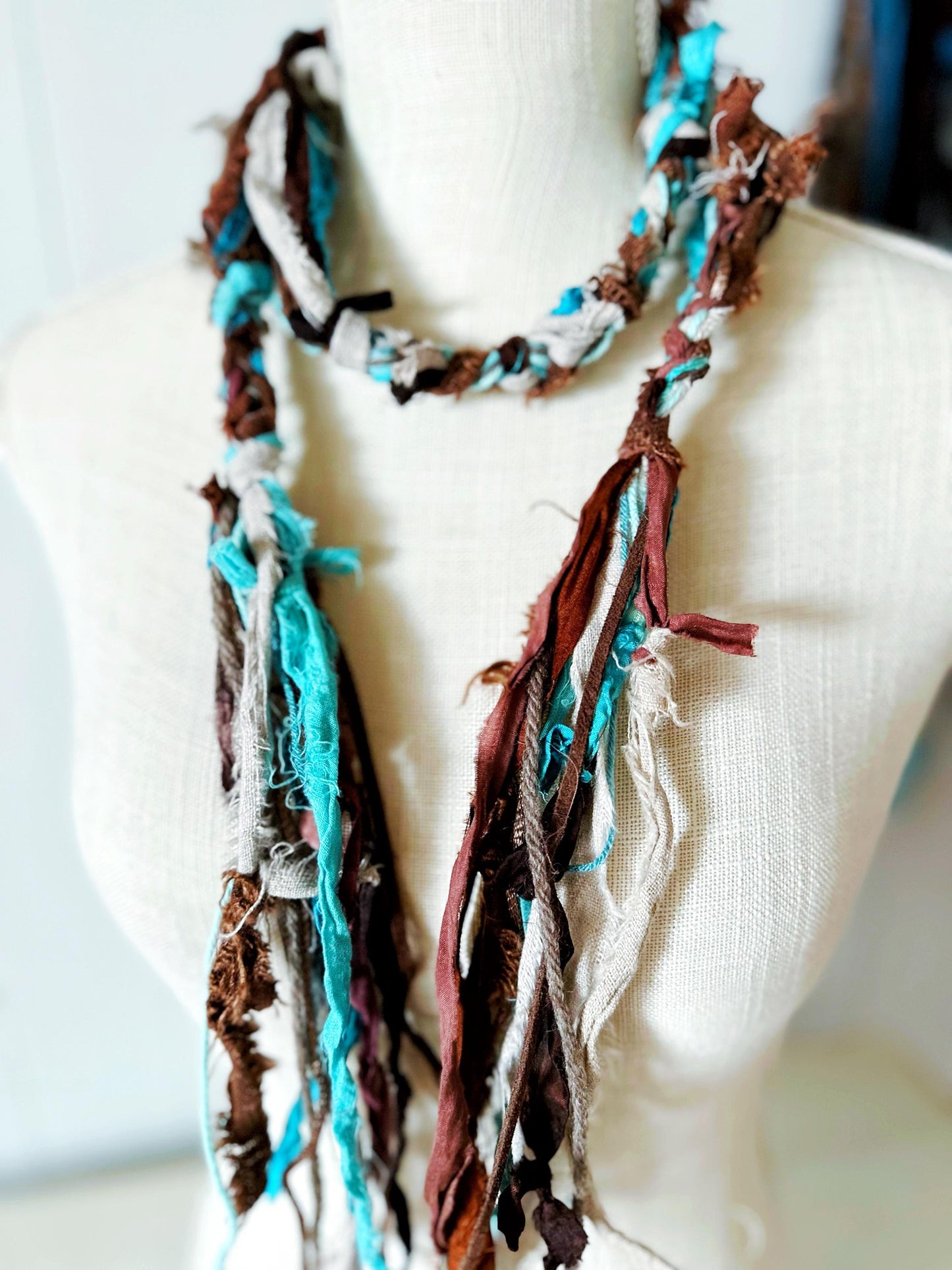 Turquoise Silk & Linen Textile Necklace | Hippie Clothes | "Beach Boho"  Multi-Strand Skinny Scarf for Men, Women | Sea Glass Seashell Charm