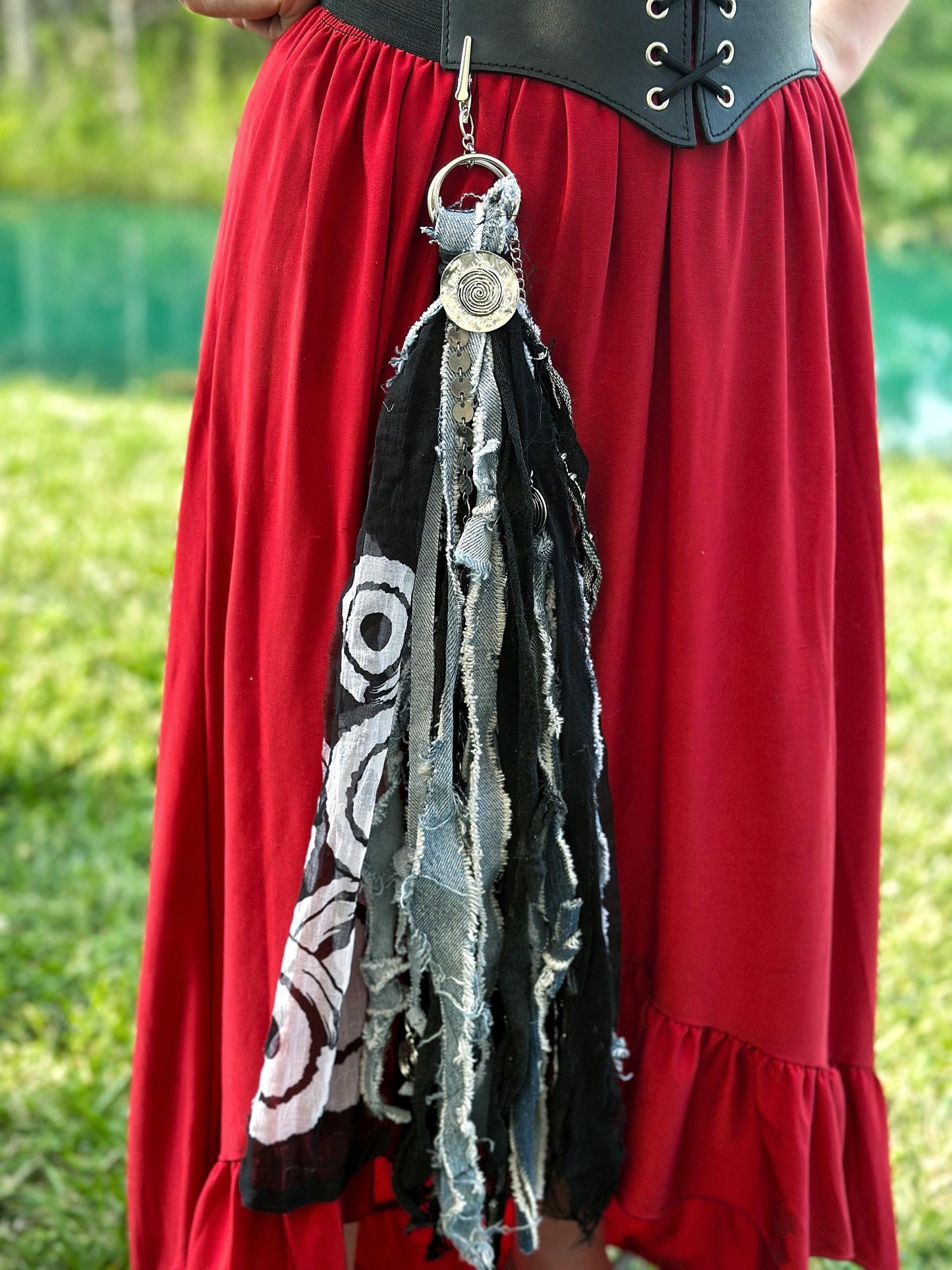 Chatelaine Belt Sash | Denim Blue & Black OOAK Steampunk Style Accessory with Hooks, Clips, | Reclaimed Materials, Silk, Linen, Fiber Art