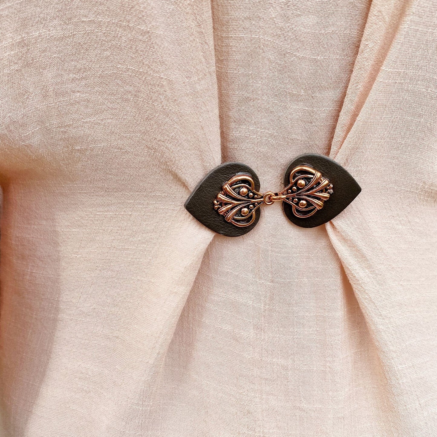 Sweater Clip | Copper on Gray Leather Cardigan Clips | Cloak Clasp Cinch Clip | Dress Clip | Unique Gift | Button Belt Alternative | K-132