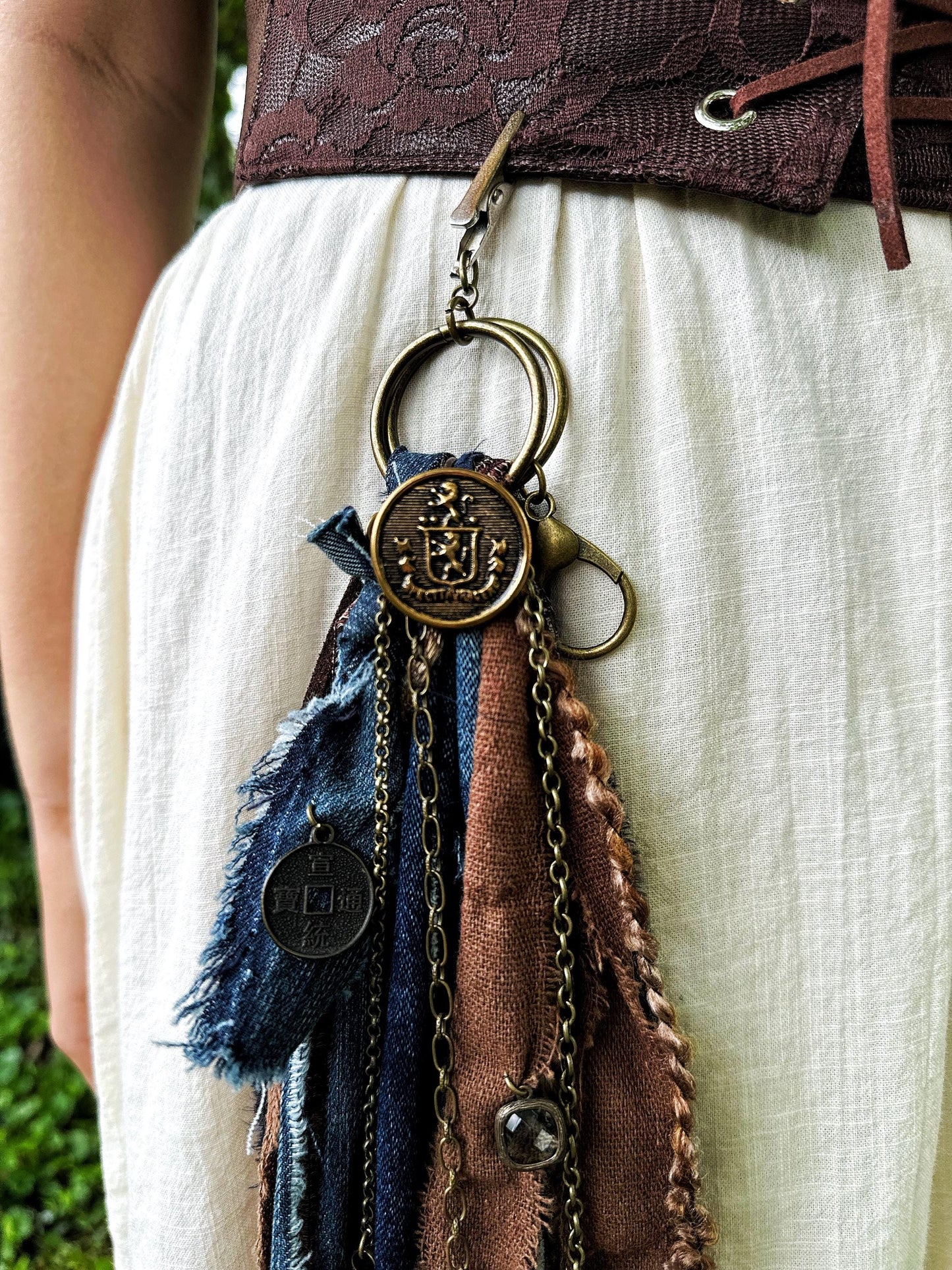 Chatelaine Belt Sash | Denim Blue & Brown OOAK Steampunk Accessory with Hooks, Clips, | Reclaimed Materials, Silk, Linen, Fiber Art, Charms