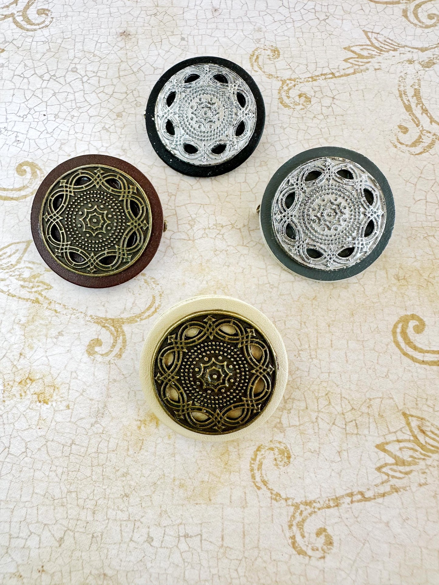 Single Metal & Leather Medallion Brooch Pin