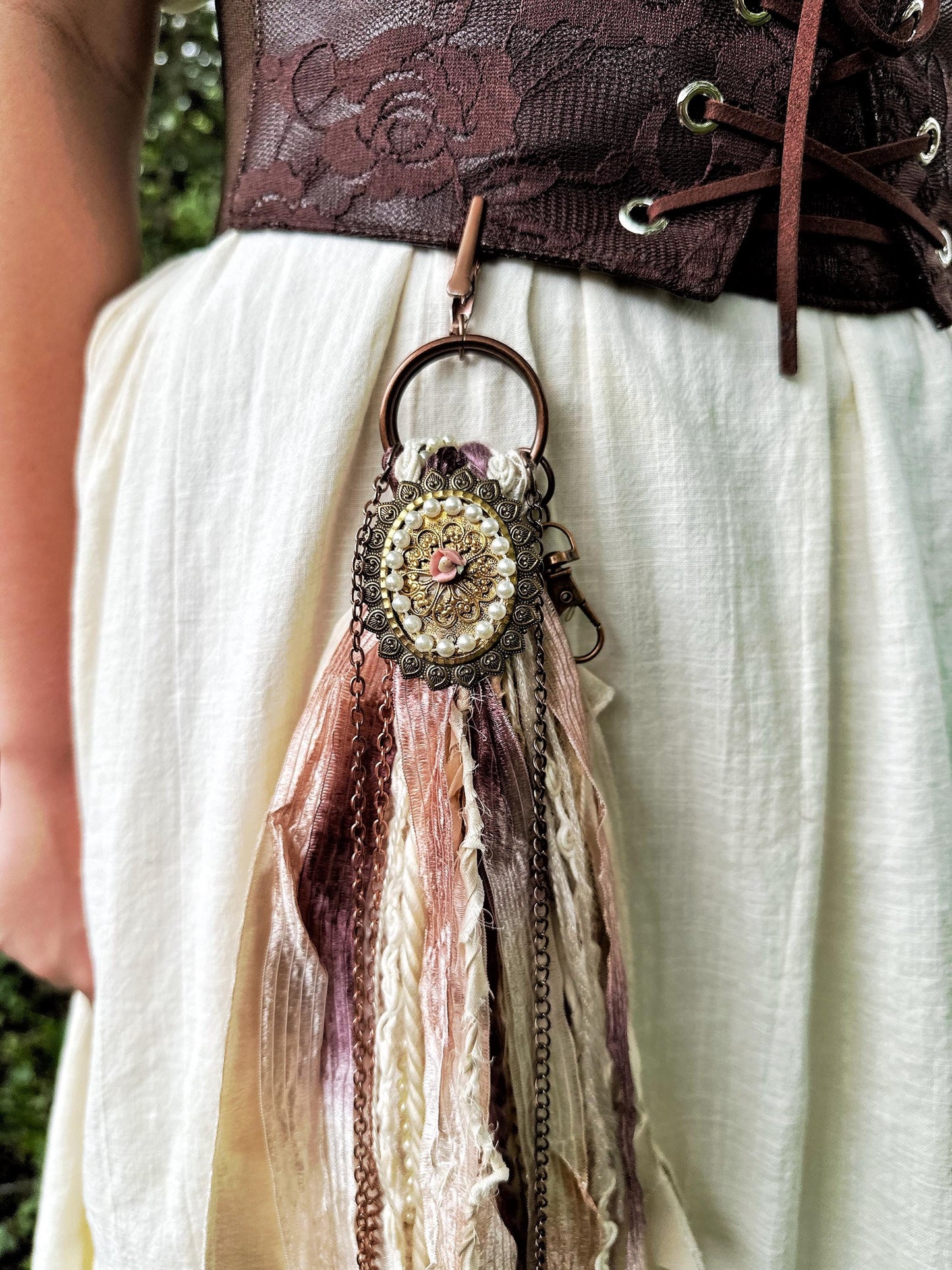 Chatelaine Belt Sash | Romantic Victorian Pearls OOAK Accessory with Hooks, Clips, Clasps | Reclaimed Materials, Silk, Linen, Fiber Art