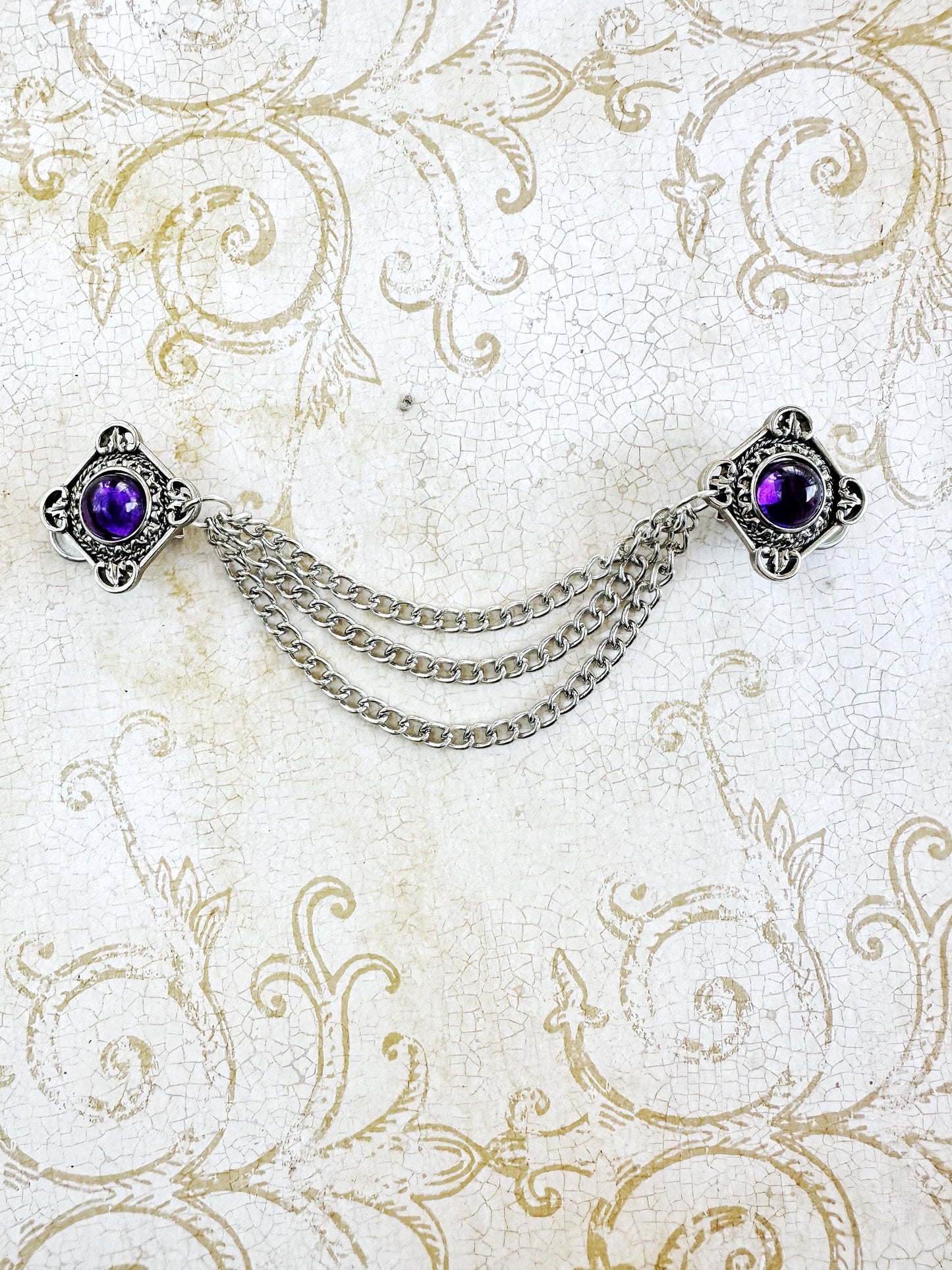 NEW* Heavy Silver & Amethyst Cloak Clasp with Draping Chains | Vintage Repurposed