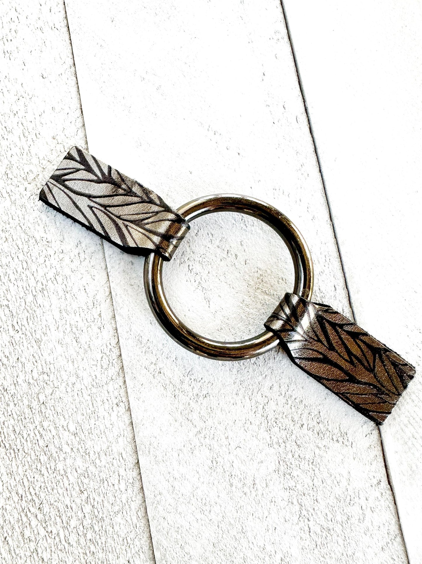 Dress Cinch Clip | Black Ring & Silver Patterned Leather Sweater Clip | Unique Clothing Clasps Shawl Clip | Steampunk Minimalist Capsule