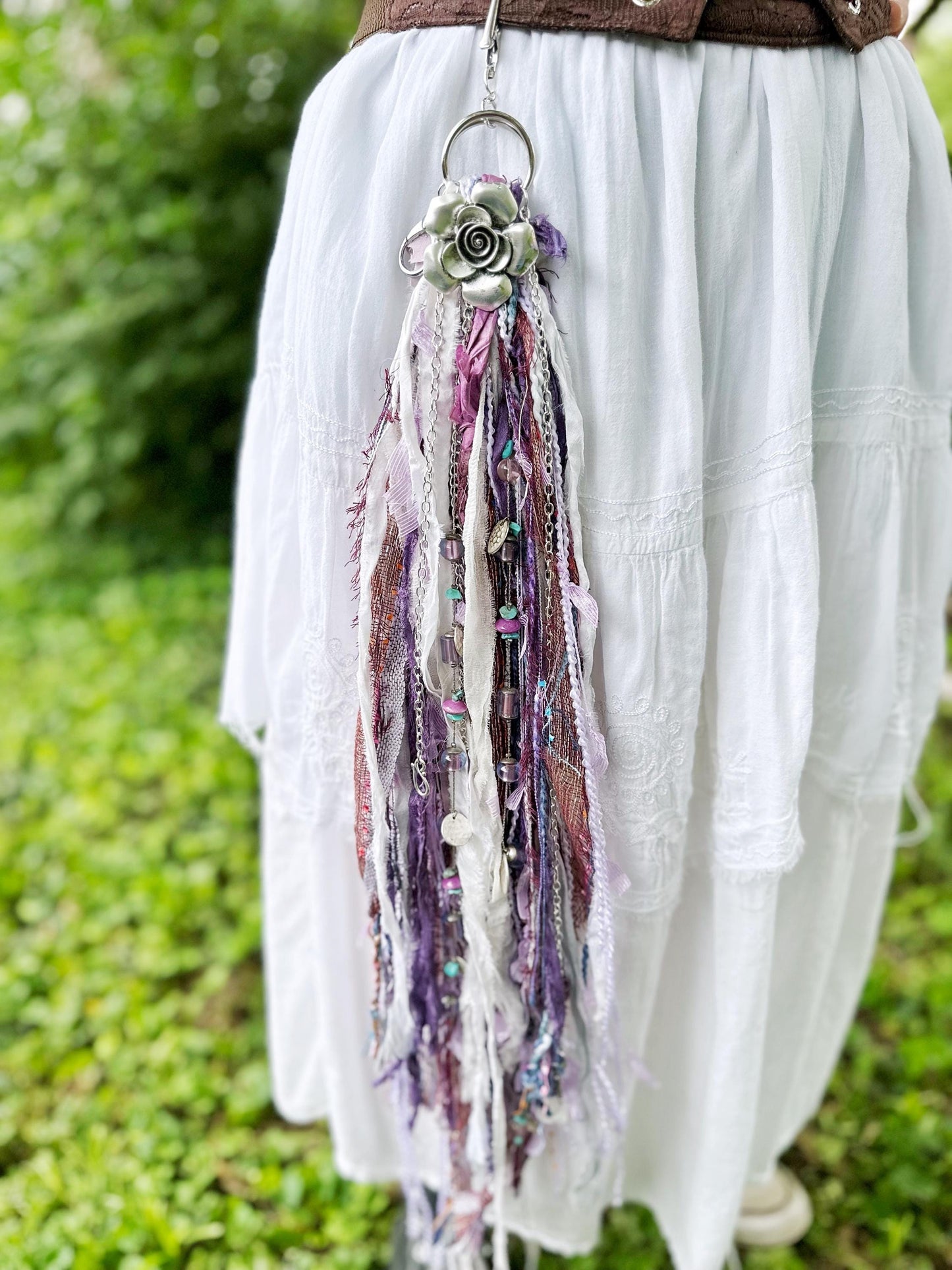 Chatelaine Belt Sash | Silver Flower, Purple & White OOAK Accessory with Hooks, Clips, Clasps | Reclaimed Materials, Silk, Linen, Fiber Art