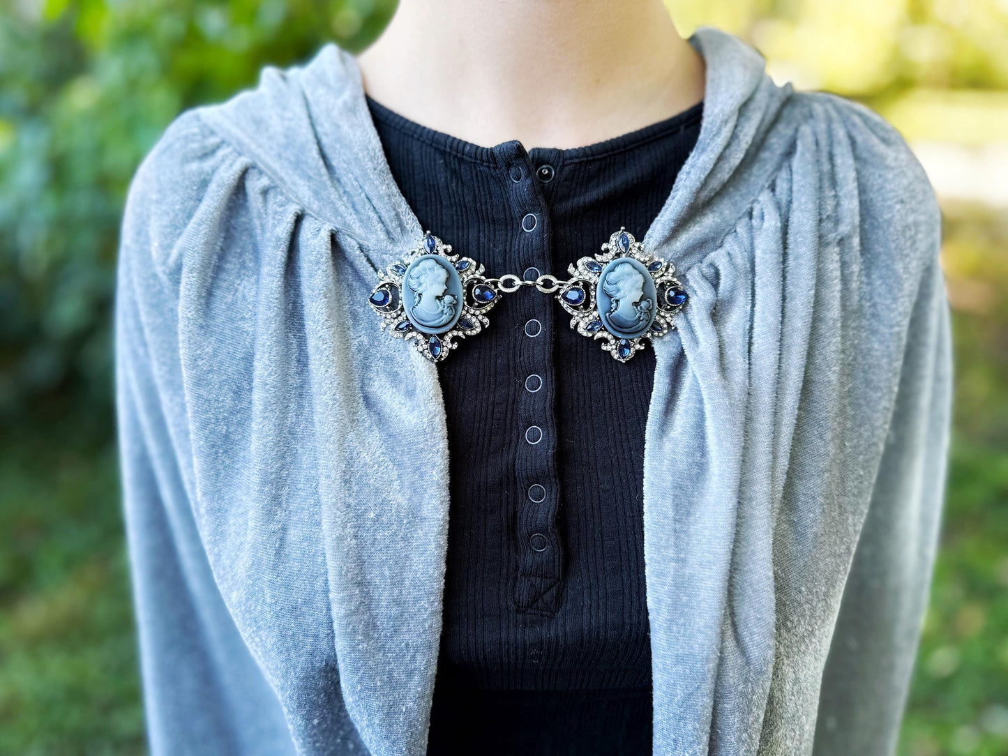 Blue Silver Cameo Cloak Clasp, Costume Cameo Brooch w/ Rhinestones | Victorian Fairytale Closure, Gothic Edwardian Adult Costume Accessories