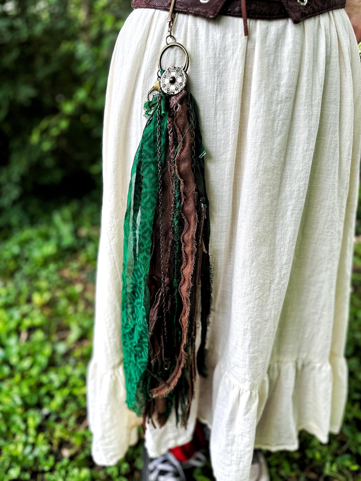 Chatelaine Belt Sash | Green & Brown Medallion OOAK Accessory with Hooks, Clips, Clasps | Reclaimed Materials, Silk, Linen, Fiber Art