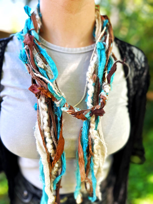 Turquoise Silk & Linen Textile Necklace | Hippie Clothes | "Beach Boho"  Multi-Strand Skinny Scarf for Men, Women | Sea Glass Seashell Charm