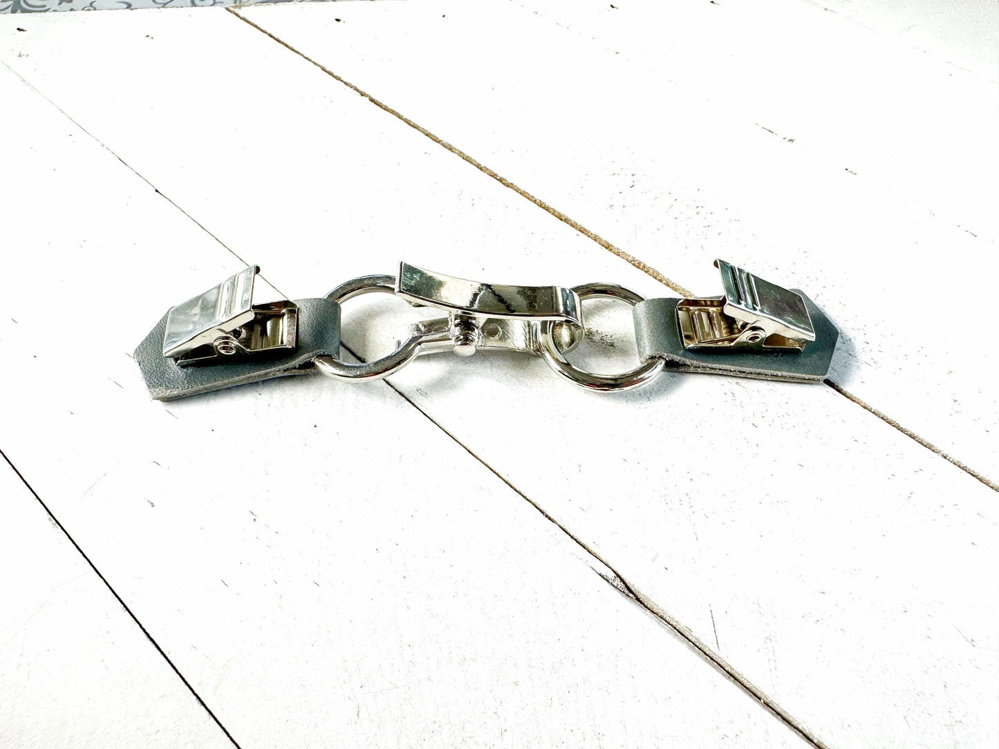 NEW Silver Buckle & Gray Leather Cinch Clip, Skinny Belt Alternative for Dress, Jacket, Cardigan, Mini-Tailor Button Closure, KardiKlips