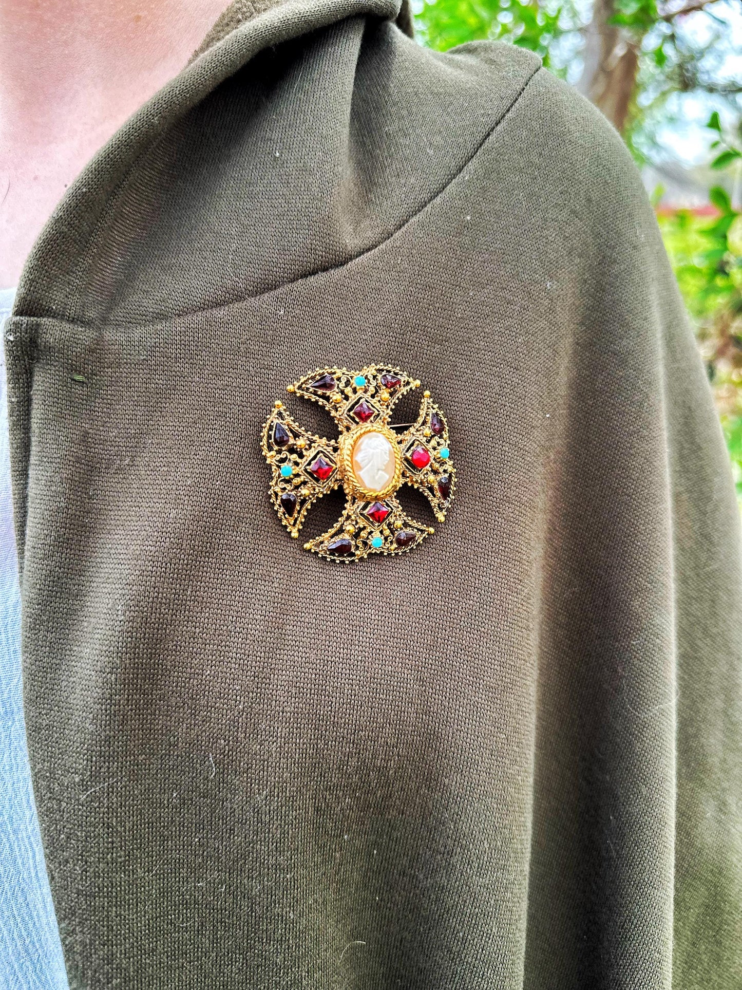 Bejeweled Maltese Cross & Cameo Cloak Clasp Brooch Pin | Vintage Repurposed