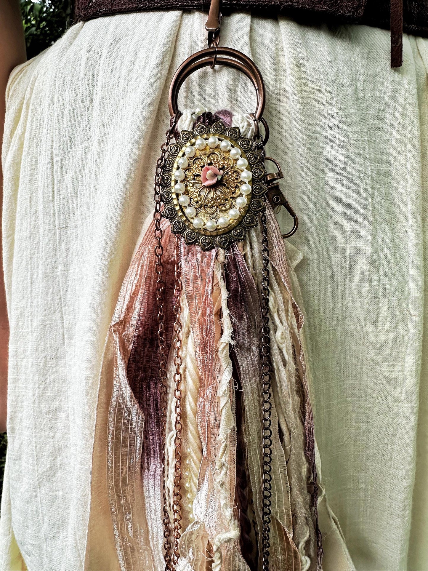 Chatelaine Belt Sash | Romantic Victorian Pearls OOAK Accessory with Hooks, Clips, Clasps | Reclaimed Materials, Silk, Linen, Fiber Art
