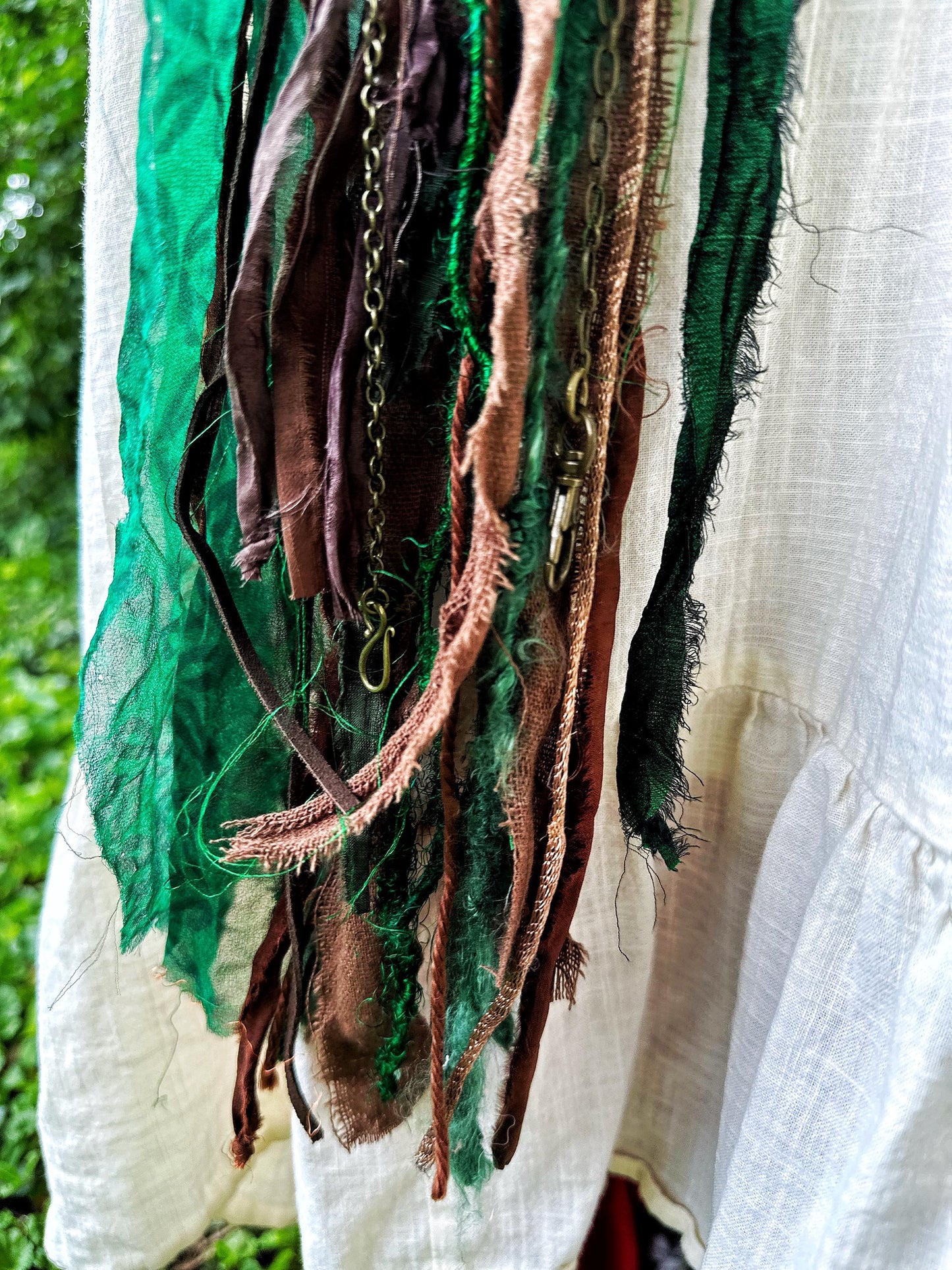 Chatelaine Belt Sash | Green & Brown Medallion OOAK Accessory with Hooks, Clips, Clasps | Reclaimed Materials, Silk, Linen, Fiber Art