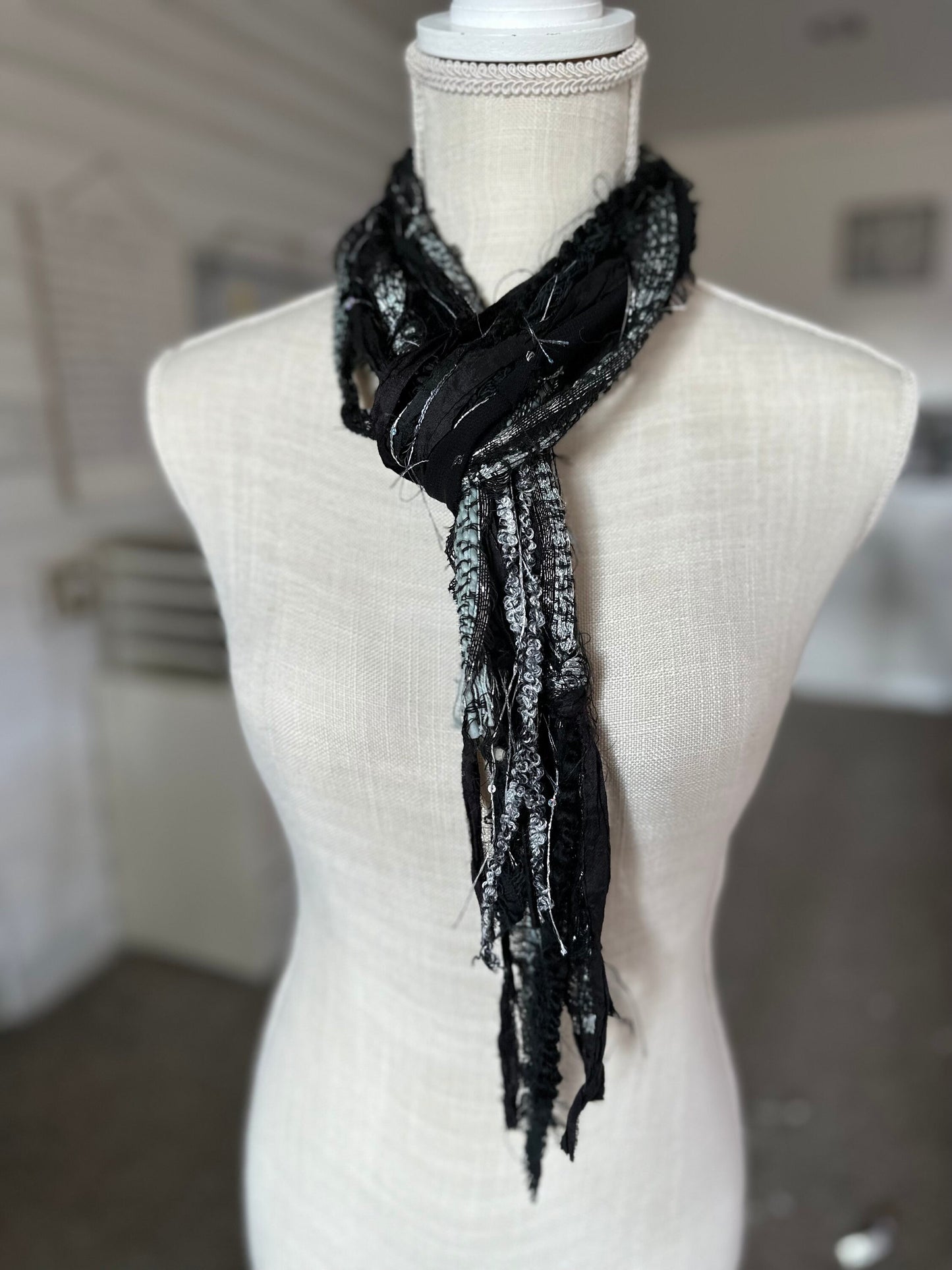 NEW Silver & Black Hobo Scarf | Hippie Clothes | Festival Clothing for Women, Men | Upcycled Repurposed Scarves | Organic Cotton, Silk