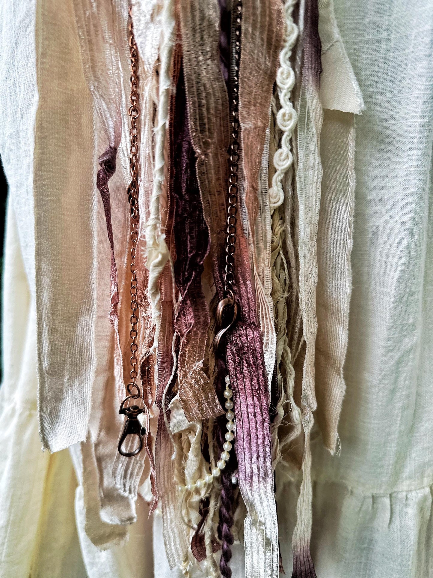 Chatelaine Belt Sash | Romantic Victorian Pearls OOAK Accessory with Hooks, Clips, Clasps | Reclaimed Materials, Silk, Linen, Fiber Art