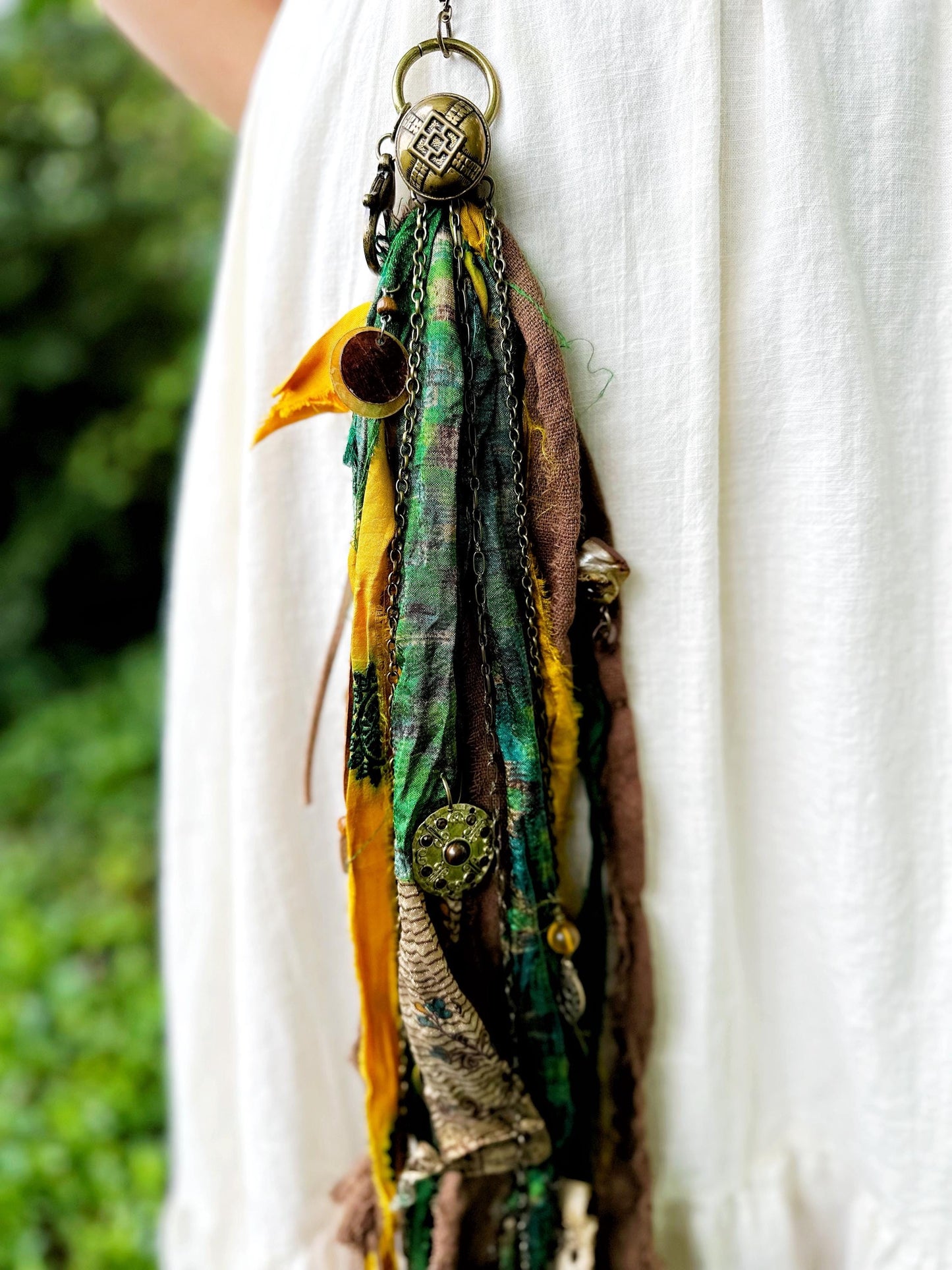 Chatelaine Belt Sash | Green & Brown Pirate Themed OOAK Accessory with Hooks, Clips, Clasps | Reclaimed Materials, Silk, Linen, Fiber Art