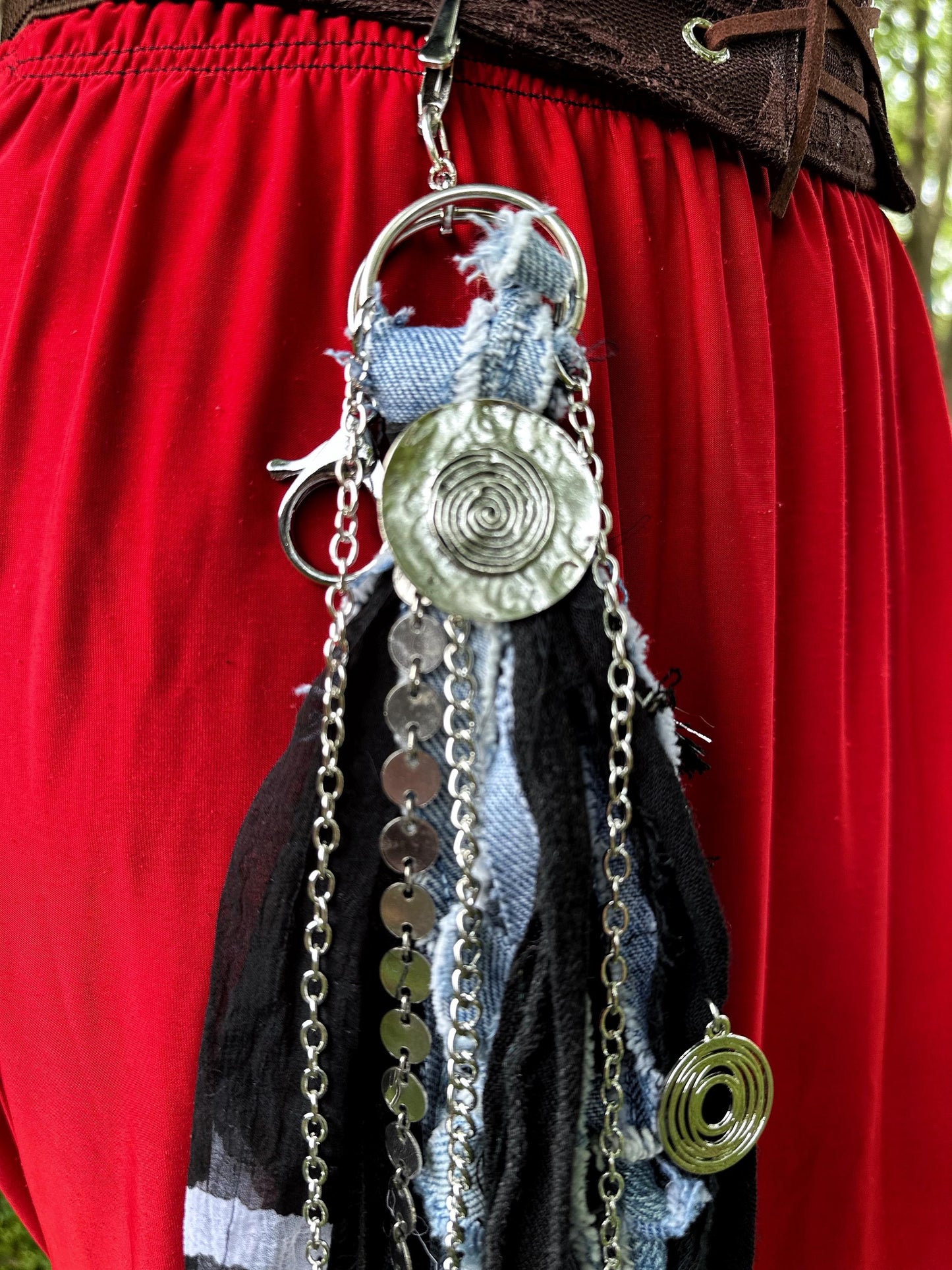 Chatelaine Belt Sash | Denim Blue & Black OOAK Steampunk Style Accessory with Hooks, Clips, | Reclaimed Materials, Silk, Linen, Fiber Art