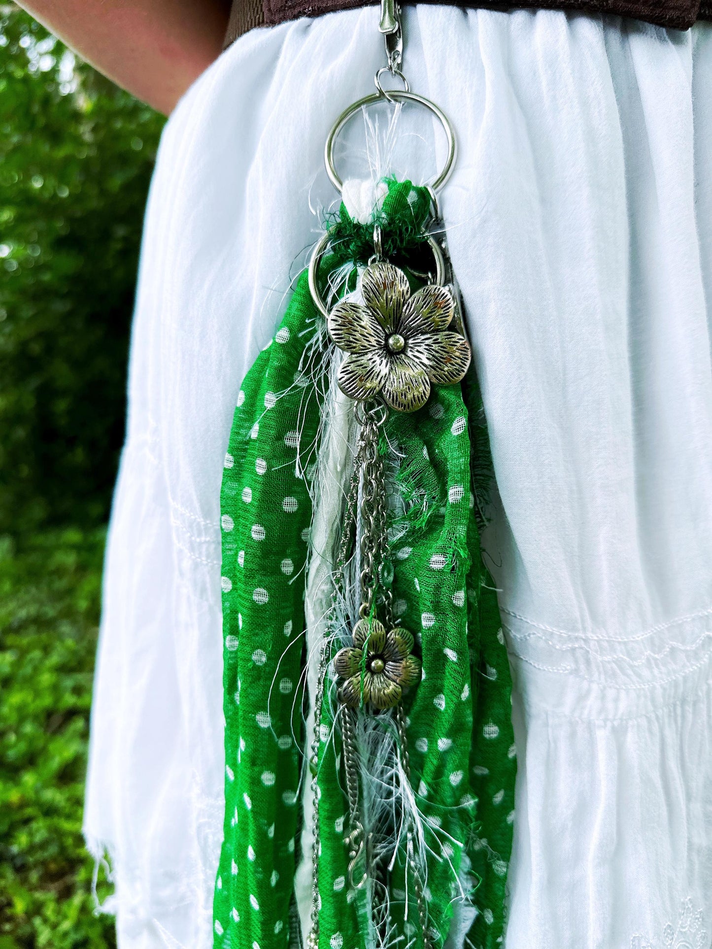 Chatelaine Belt Sash | Green & White, Silver Flowers OOAK Accessory with Hooks, Clips, Clasps | Reclaimed Materials, Silk, Linen, Fiber Art