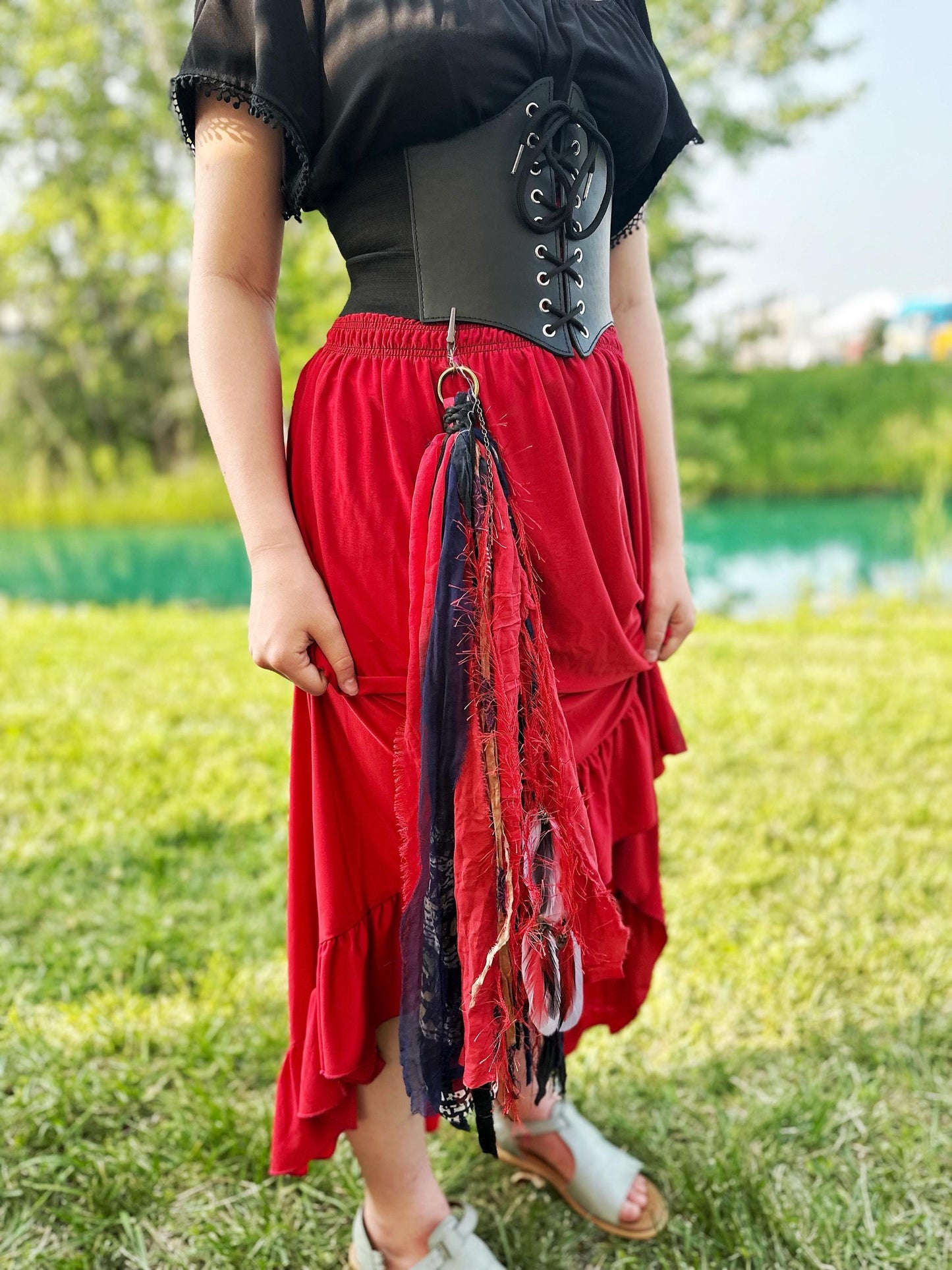 Chatelaine Belt Sash | Red & Blue OOAK Accessory with Feathers, Hooks, Clips, | Reclaimed Materials, Silk, Linen, Fiber Art Trinket Holder