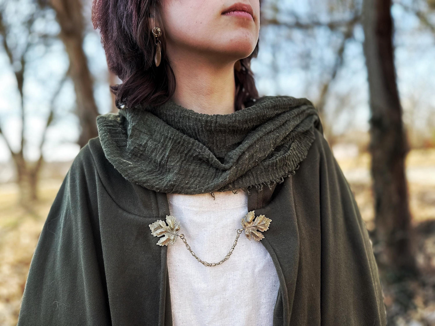 "Sylvan" Bronze Metal Maple Leaf Cloak Clasp w/Chains