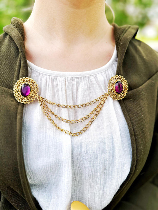 NEW* Gold & Purple Stone w/ Chains Cloak Clasp | Vintage Repurposed