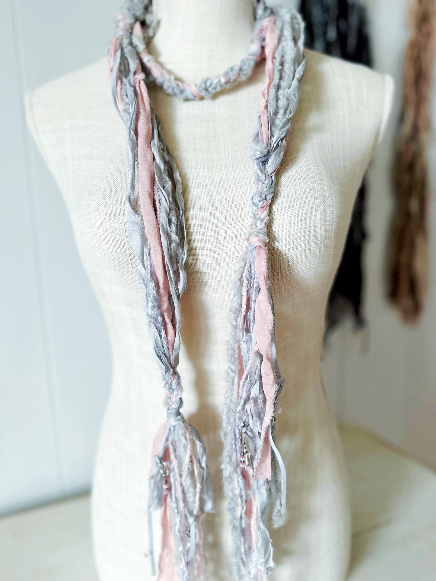 NEW Gray Silk & Icy Pink Boho Scarf | Hippie Clothes | Textile Necklace | Unique Scarves for Men, Women | Long Textured Skinny Scarf