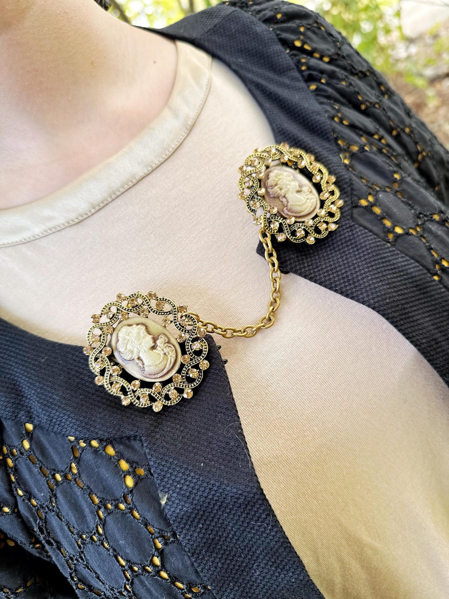 Gold-toned Cameo Cloak Clasp, Costume Cameo Brooch w/ Rhinestones | Victorian Fairytale Closure, Gothic Edwardian Adult Costume Accessories