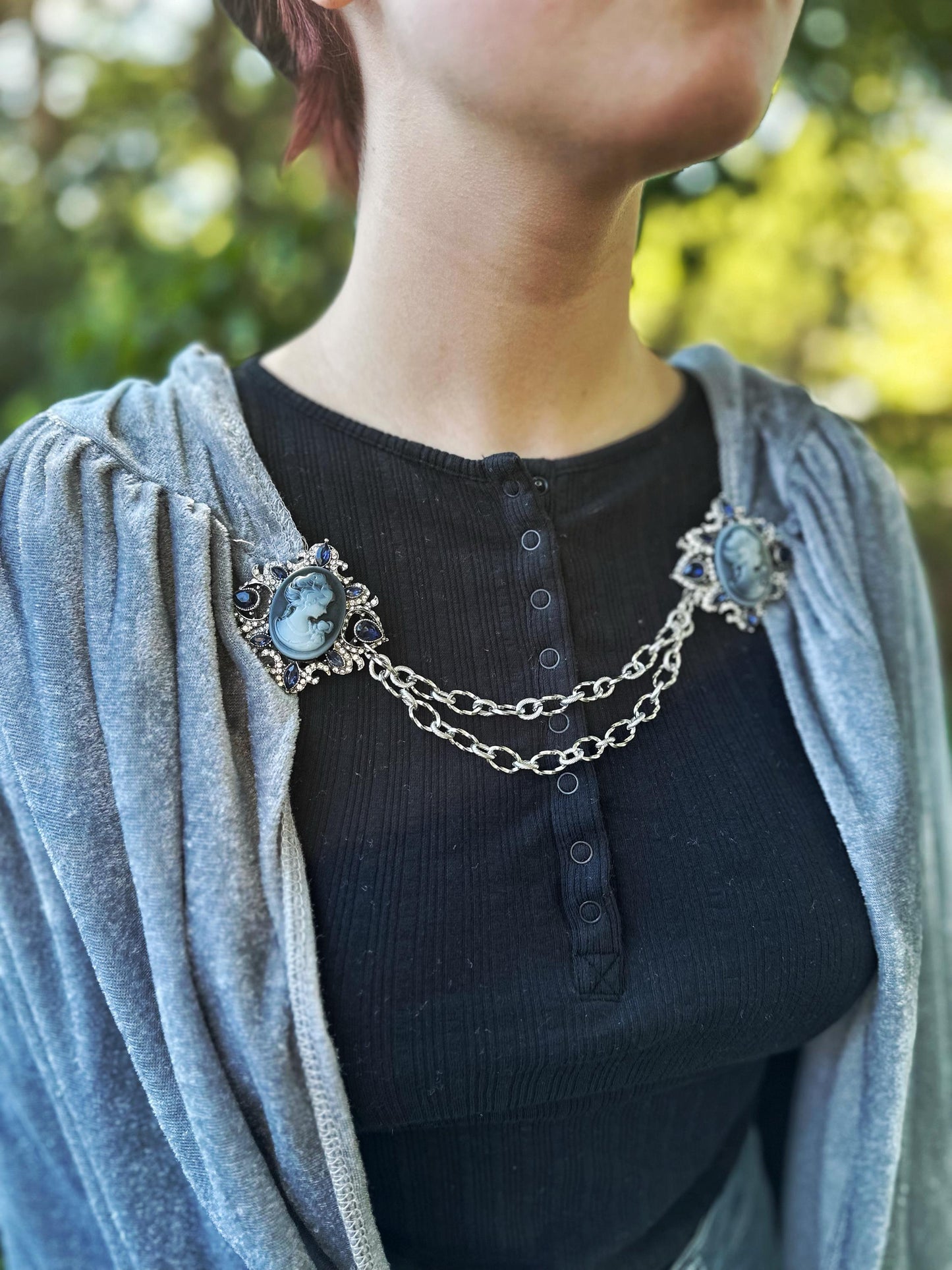 Blue Silver Cameo Cloak Clasp, Costume Cameo Brooch w/ Rhinestones | Victorian Fairytale Closure, Gothic Edwardian Adult Costume Accessories