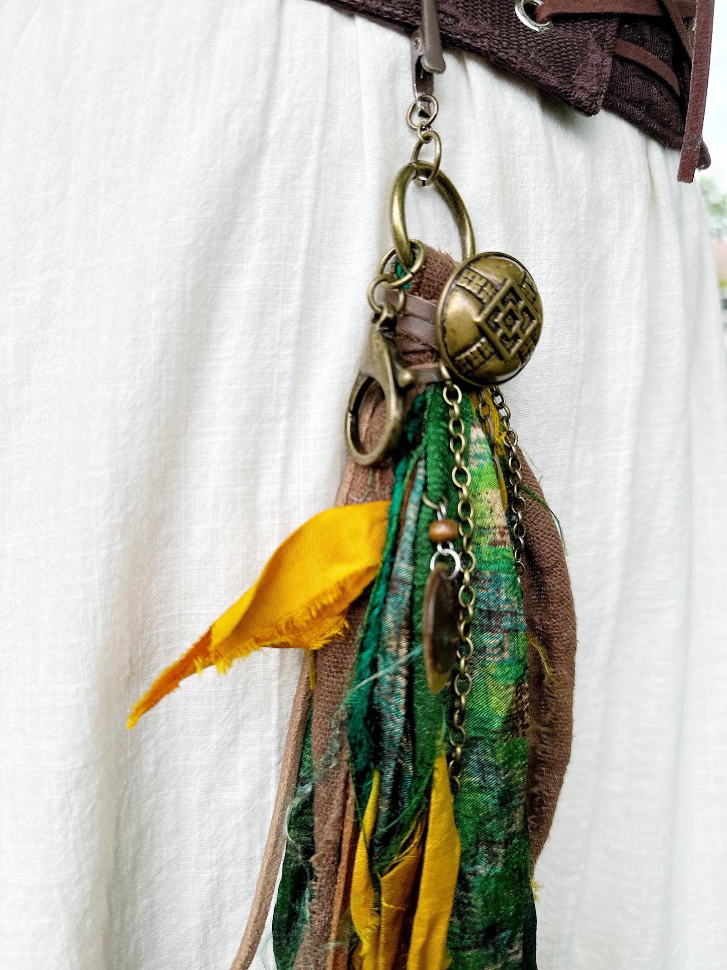 Chatelaine Belt Sash | Green & Brown Pirate Themed OOAK Accessory with Hooks, Clips, Clasps | Reclaimed Materials, Silk, Linen, Fiber Art