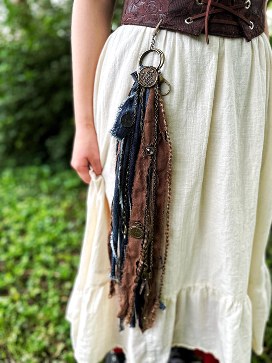 Chatelaine Belt Sash | Denim Blue & Brown OOAK Steampunk Accessory with Hooks, Clips, | Reclaimed Materials, Silk, Linen, Fiber Art, Charms