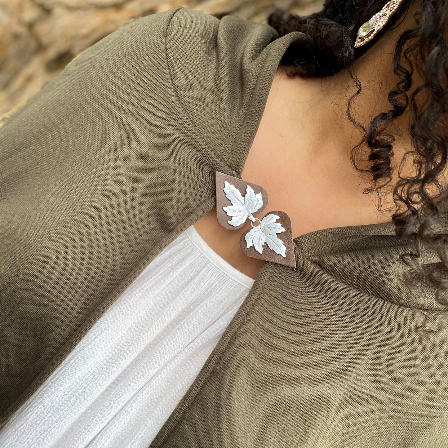 "Halcyon" Silver Leaf on Brown Leather Clothing Clasp