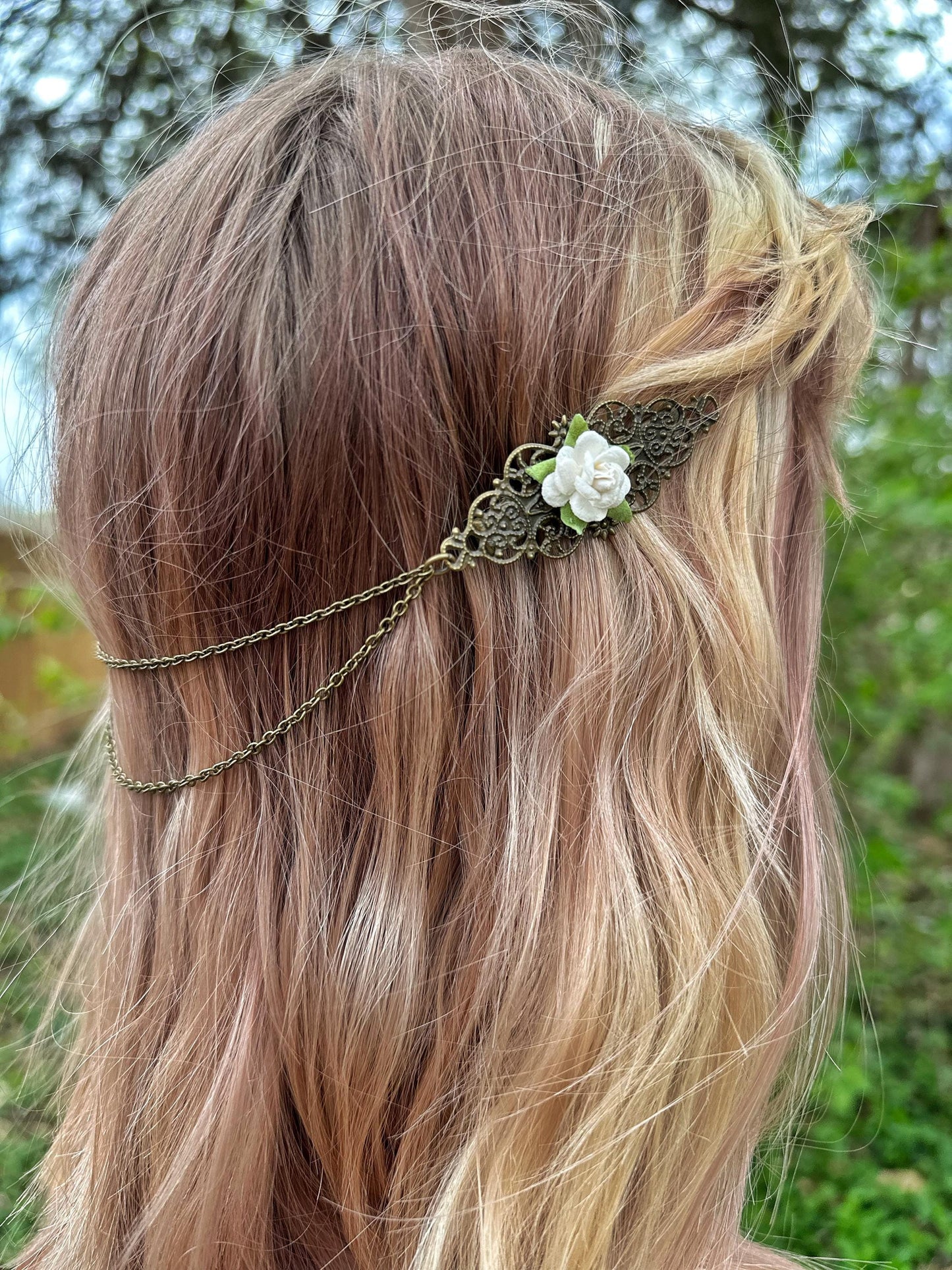 Bronze Flower Hair Clips with Chains