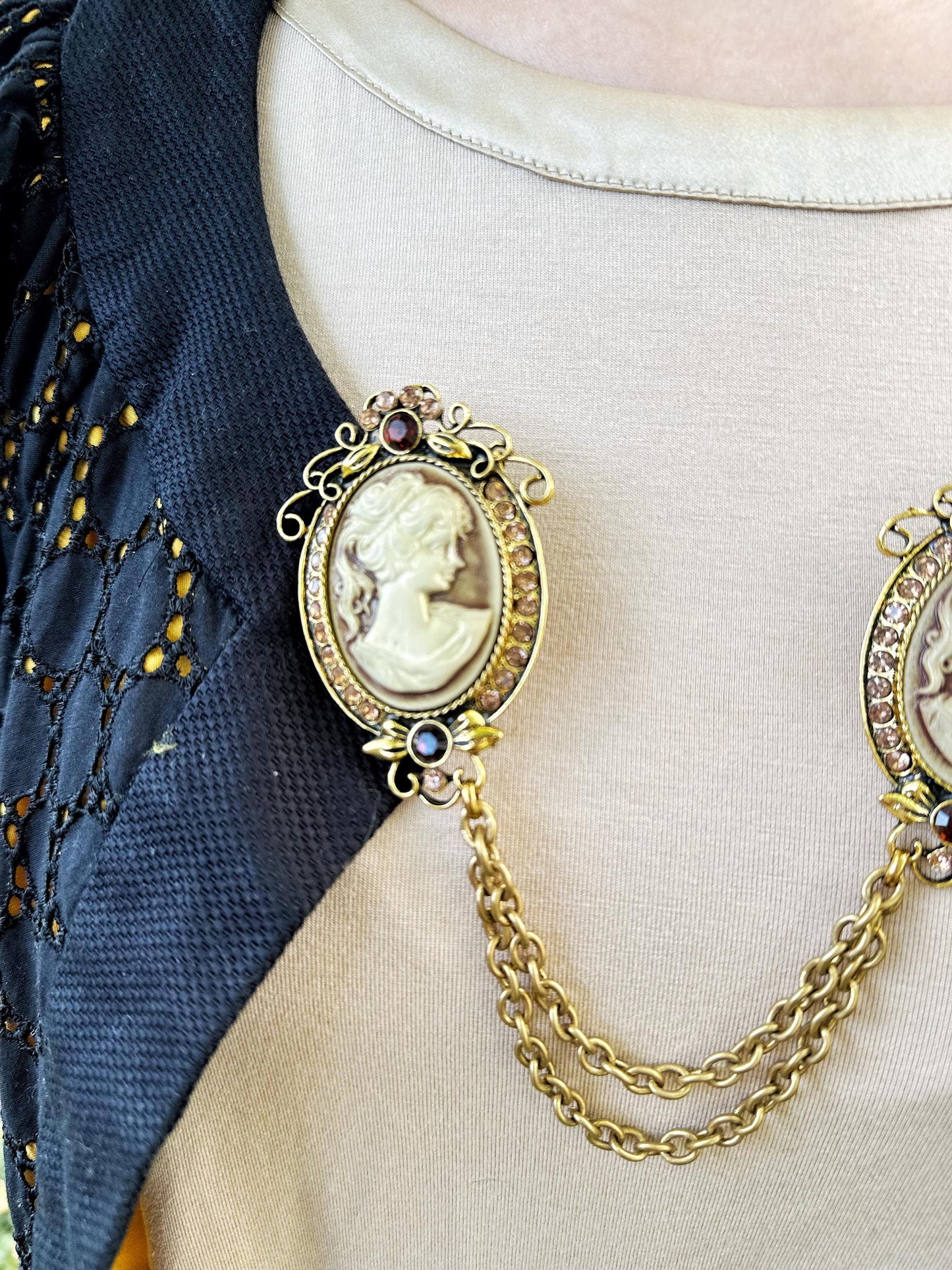 Gold-toned Cameo Cloak Clasp, Costume Cameo Brooch w/ Chains | Victorian Fairytale Closure, Gothic Edwardian  | Adult Costume Accessories