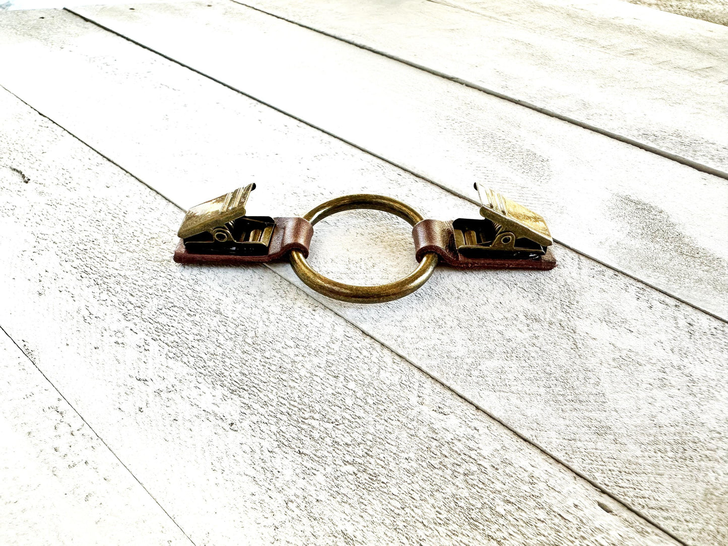 Dress Cinch Clip | Bronze Ring & Brown Leather Sweater Clip | Unique Clothing Clasps Shawl Clip | Steampunk Minimalist Versatile Skinny Belt