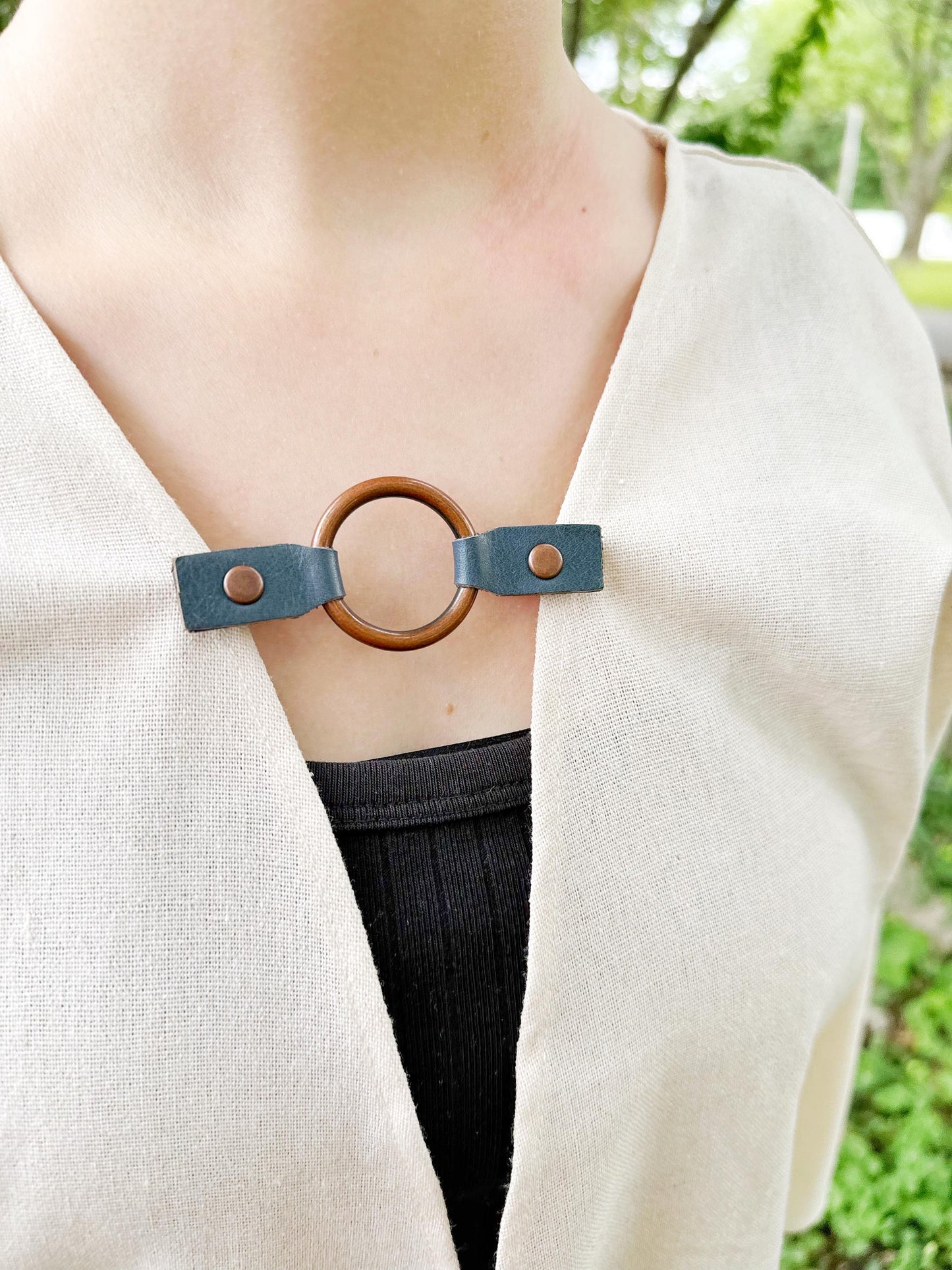 Dress Cinch Clip | Copper Ring & Blue Leather Sweater Clip | Unique Clothing Clasps Shawl Clip | Steampunk Minimalist Versatile Skinny Belt