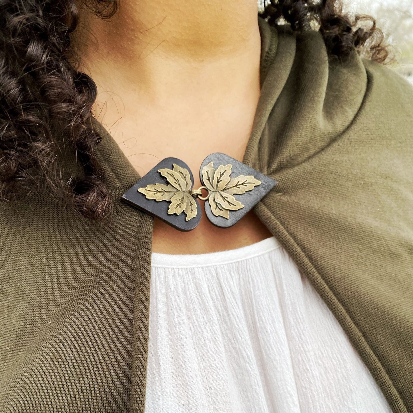 "Halcyon" Bronze Metal Leaf on Dark Brown Leather Clothing Clasp