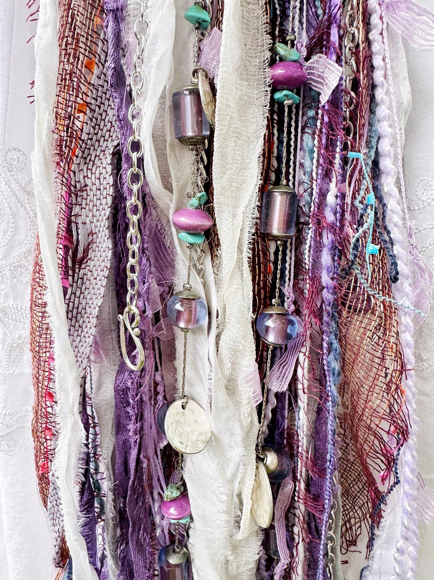 Chatelaine Belt Sash | Silver Flower, Purple & White OOAK Accessory with Hooks, Clips, Clasps | Reclaimed Materials, Silk, Linen, Fiber Art