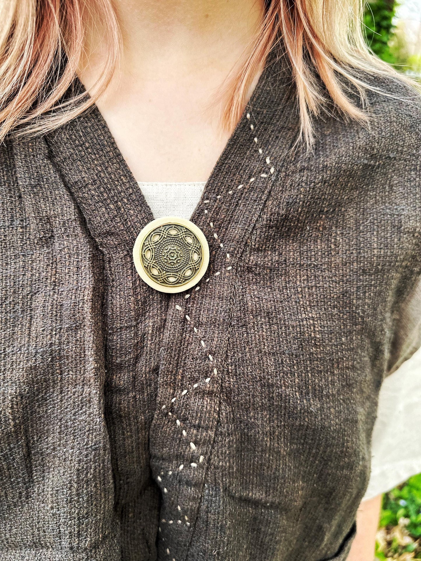 Single Metal & Leather Medallion Brooch Pin