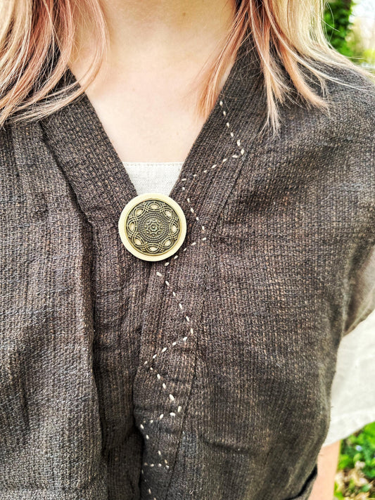 Single Metal & Leather Medallion Brooch Pin