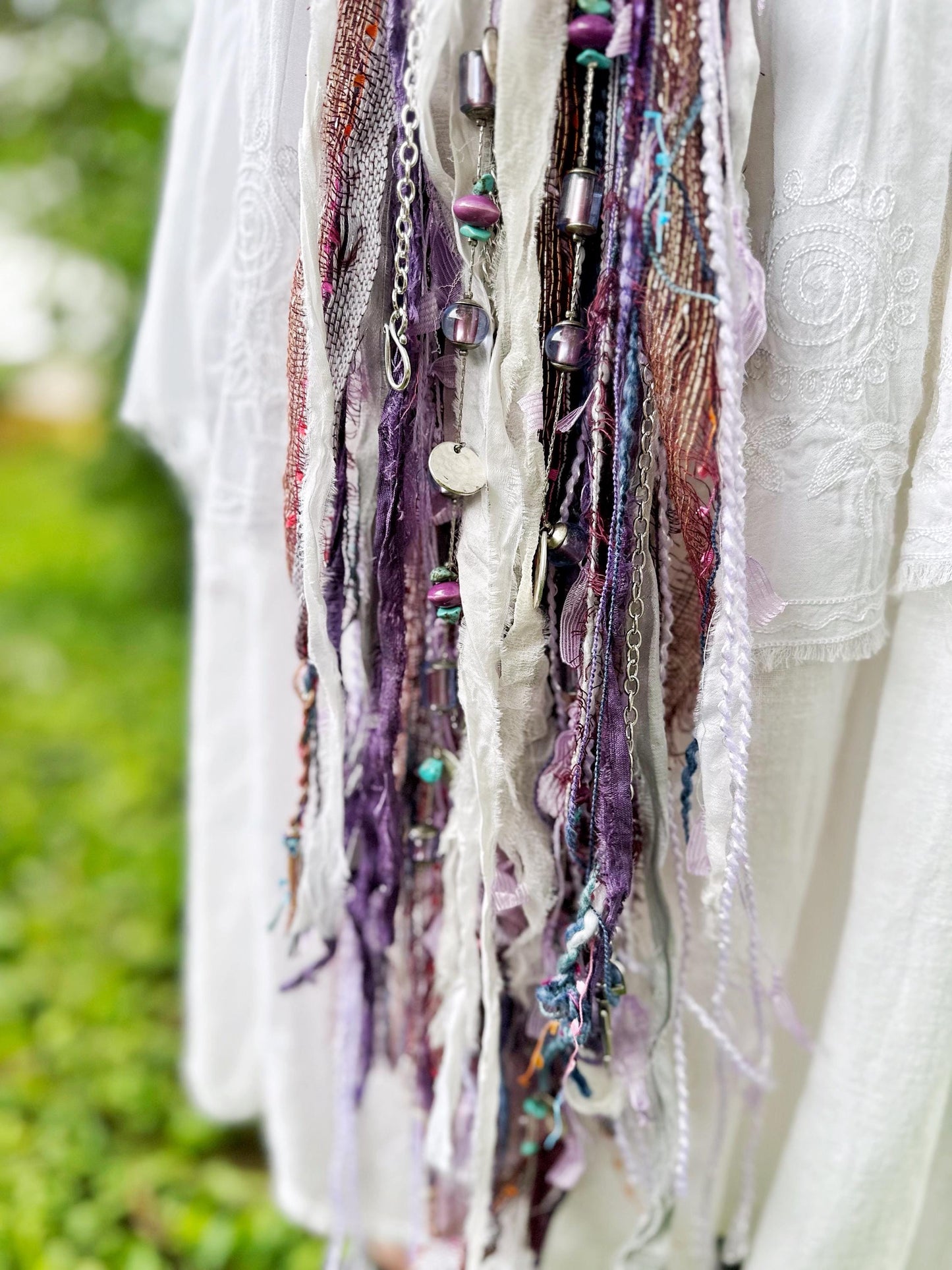 Chatelaine Belt Sash | Silver Flower, Purple & White OOAK Accessory with Hooks, Clips, Clasps | Reclaimed Materials, Silk, Linen, Fiber Art