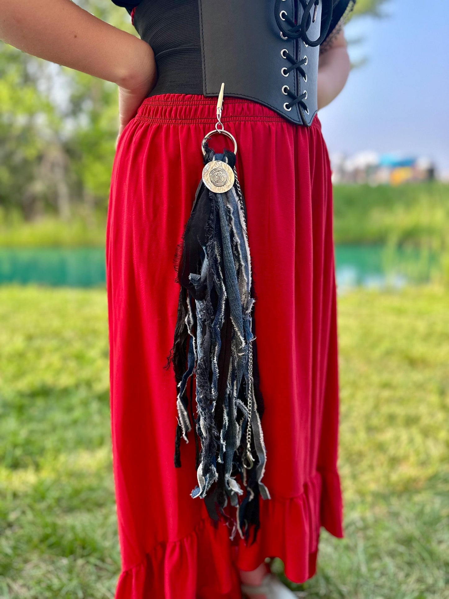 Chatelaine Belt Sash | Denim Blue & Black OOAK Steampunk Style Accessory with Hooks, Clips, | Reclaimed Materials, Silk, Fiber Art