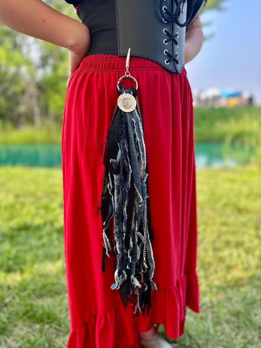 Chatelaine Belt Sash | Denim Blue & Black OOAK Steampunk Style Accessory with Hooks, Clips, | Reclaimed Materials, Silk, Fiber Art