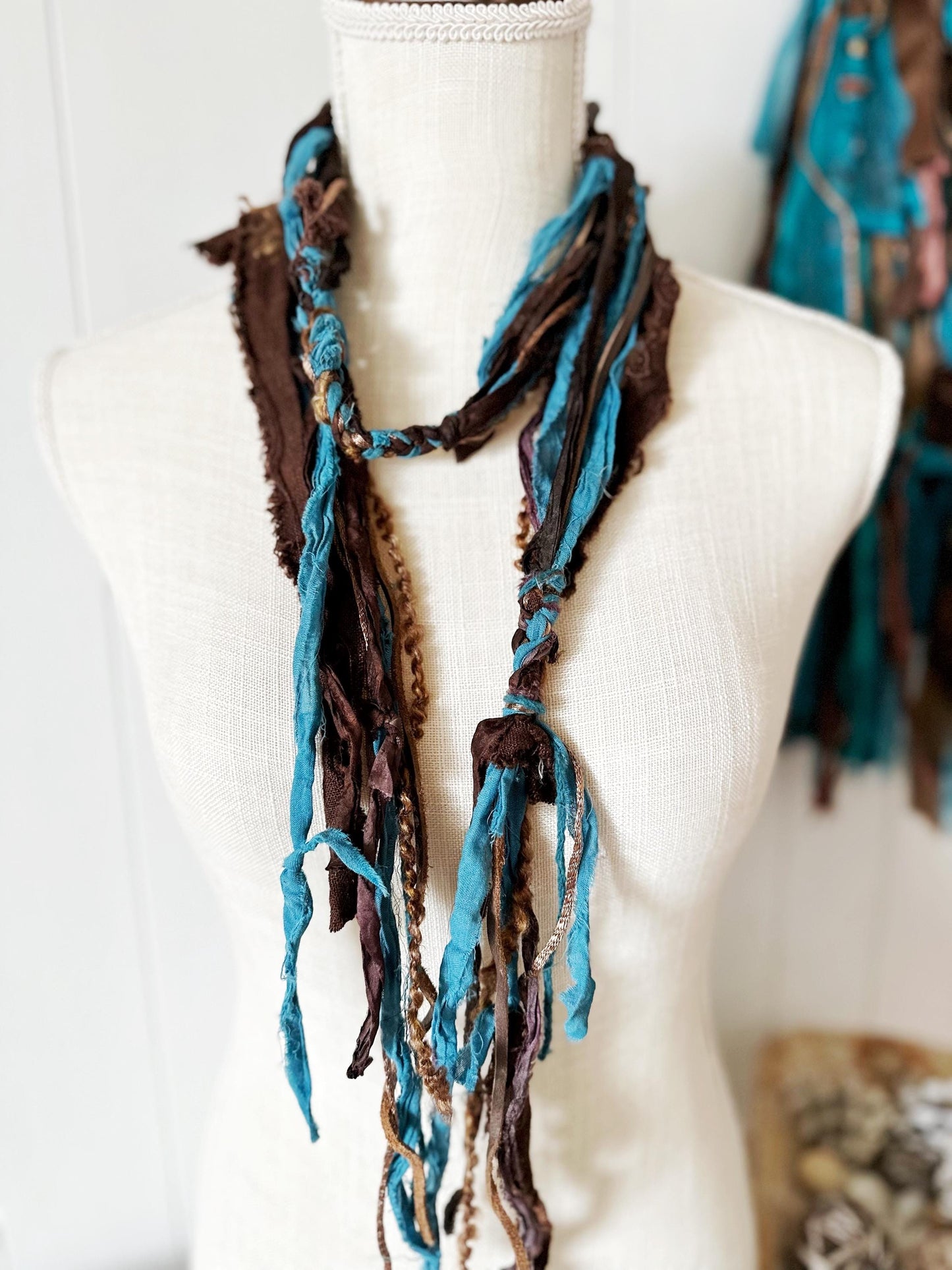 Boho Skinny Scarf | Hippie Clothes | "Seaside Rendezvous" Festival Scarf | Extra Long Unique Statement Scarves | Organic Cotton, Silk, Suede