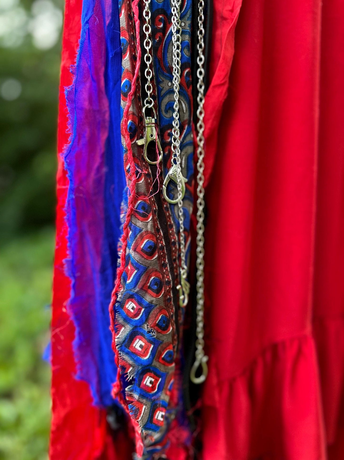 Chatelaine Belt Sash | Red, Black & Blue OOAK Accessory with Silver Hooks, Clips for Trinkets | Reclaimed Materials, Silk, Linen, Fiber Art