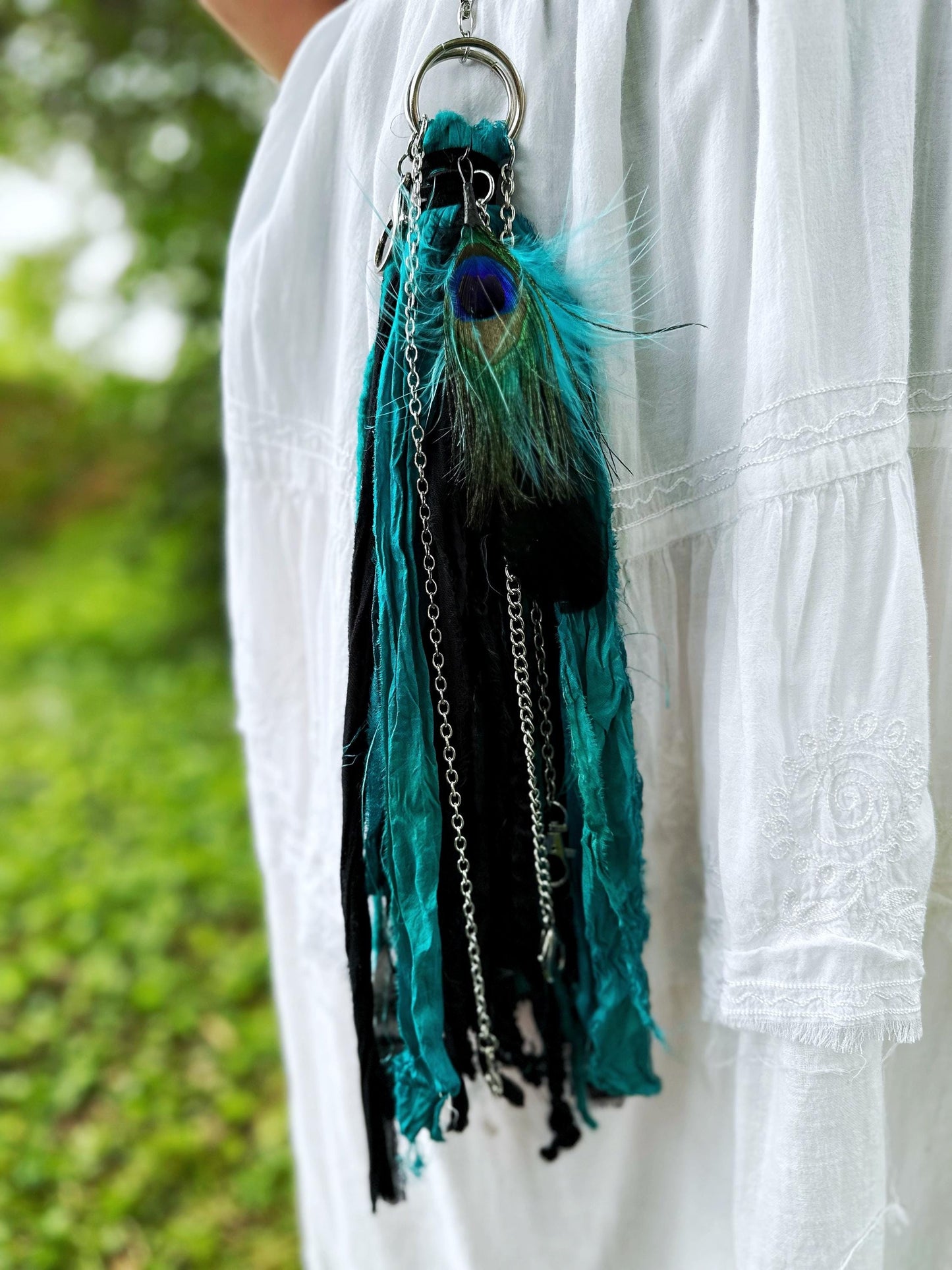 Chatelaine Belt Sash | Teal & Black Peacock Feather OOAK Accessory with Hooks, Clips, Clasps | Reclaimed Materials, Silk, Linen, Fiber Art