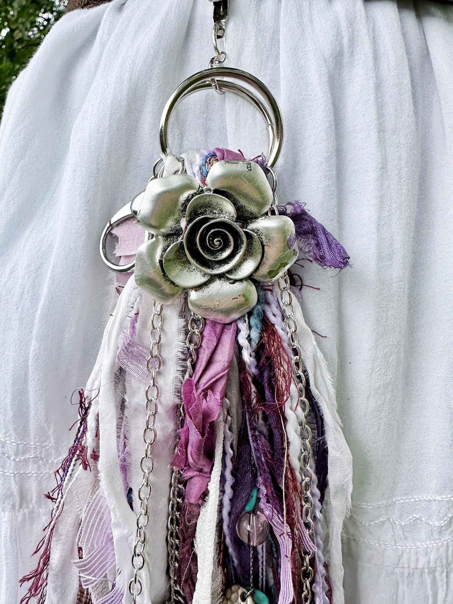 Chatelaine Belt Sash | Silver Flower, Purple & White OOAK Accessory with Hooks, Clips, Clasps | Reclaimed Materials, Silk, Linen, Fiber Art