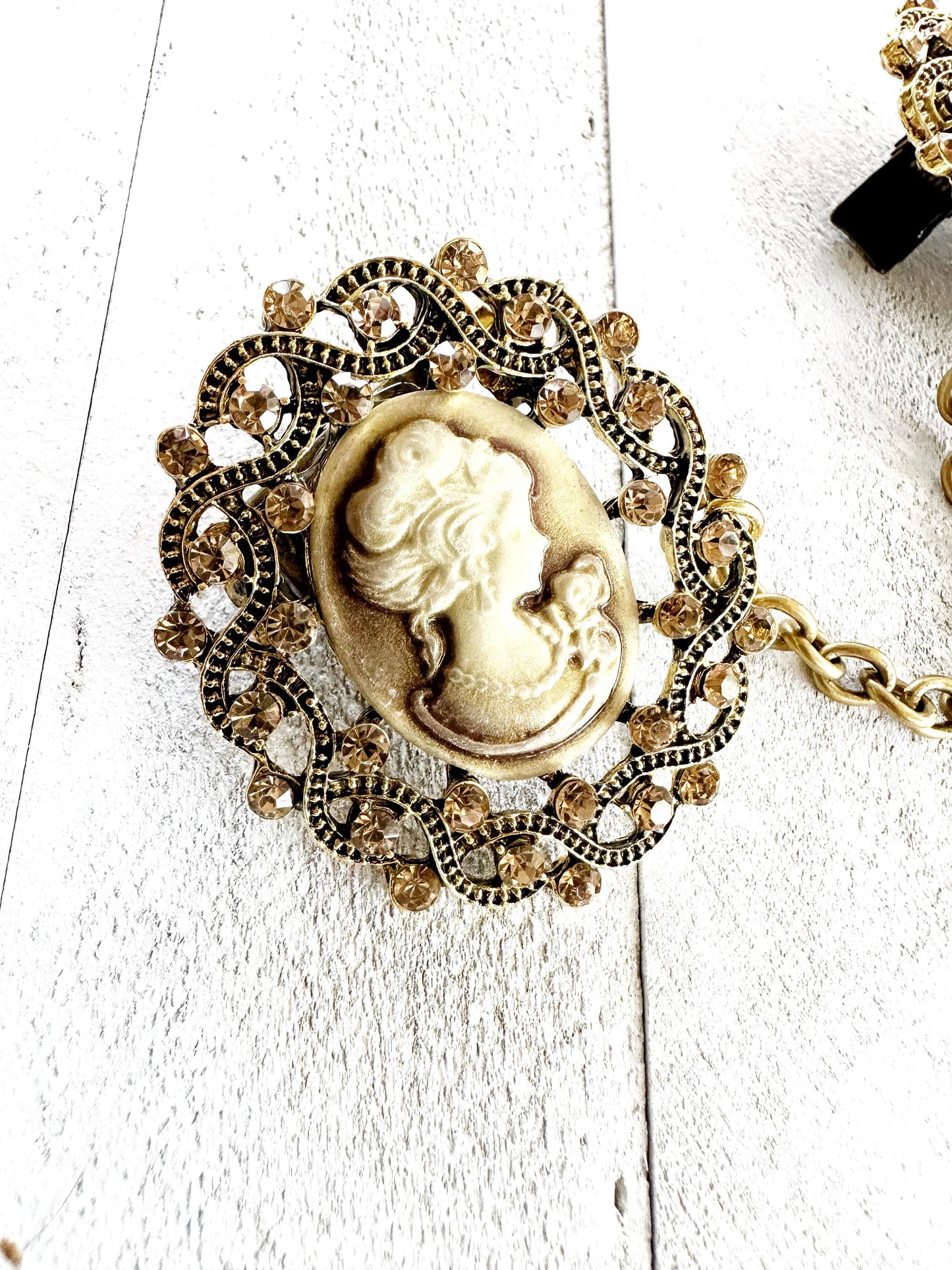 Gold-toned Cameo Cloak Clasp, Costume Cameo Brooch w/ Rhinestones | Victorian Fairytale Closure, Gothic Edwardian Adult Costume Accessories