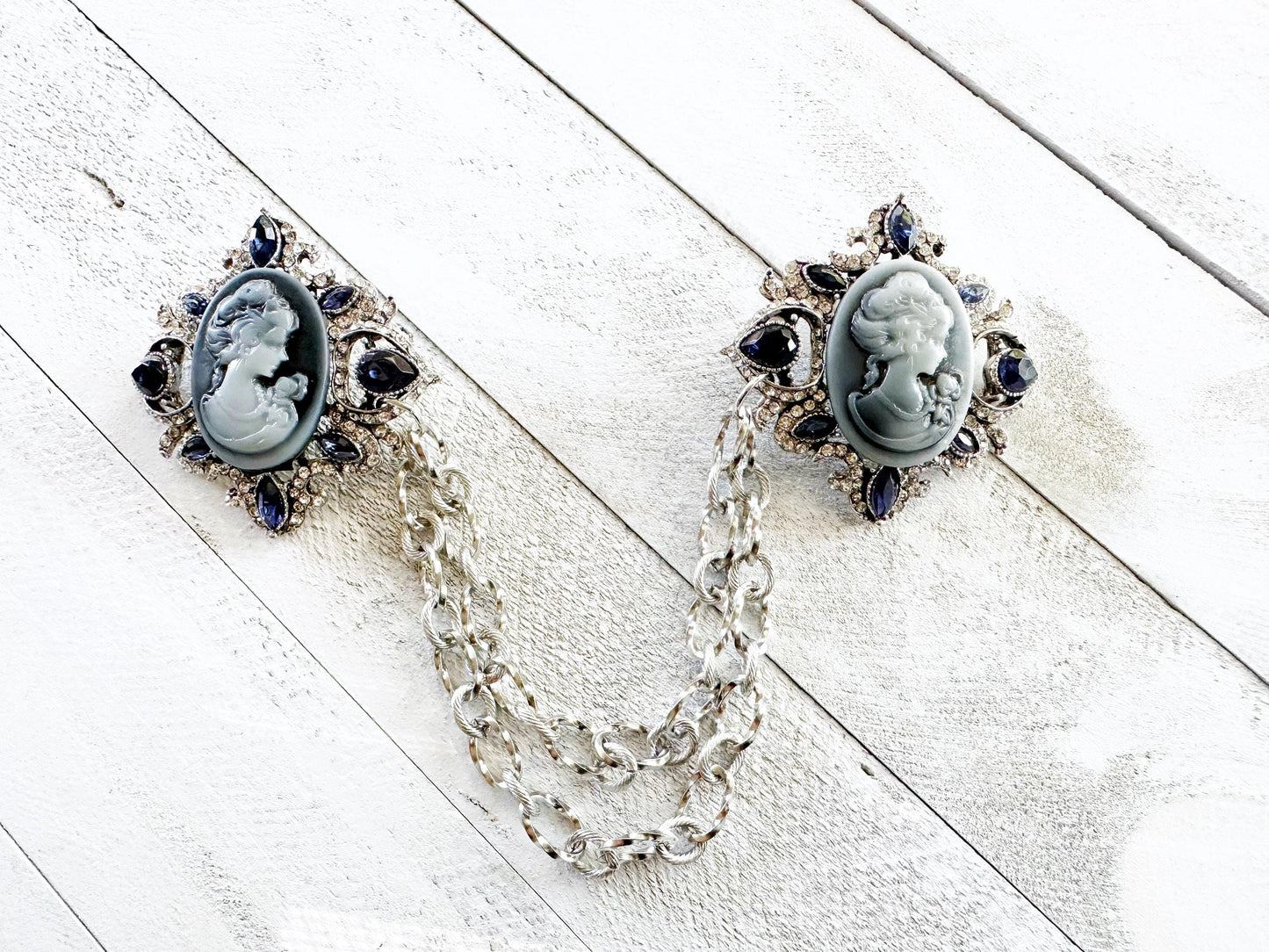 Blue Silver Cameo Cloak Clasp, Costume Cameo Brooch w/ Rhinestones | Victorian Fairytale Closure, Gothic Edwardian Adult Costume Accessories