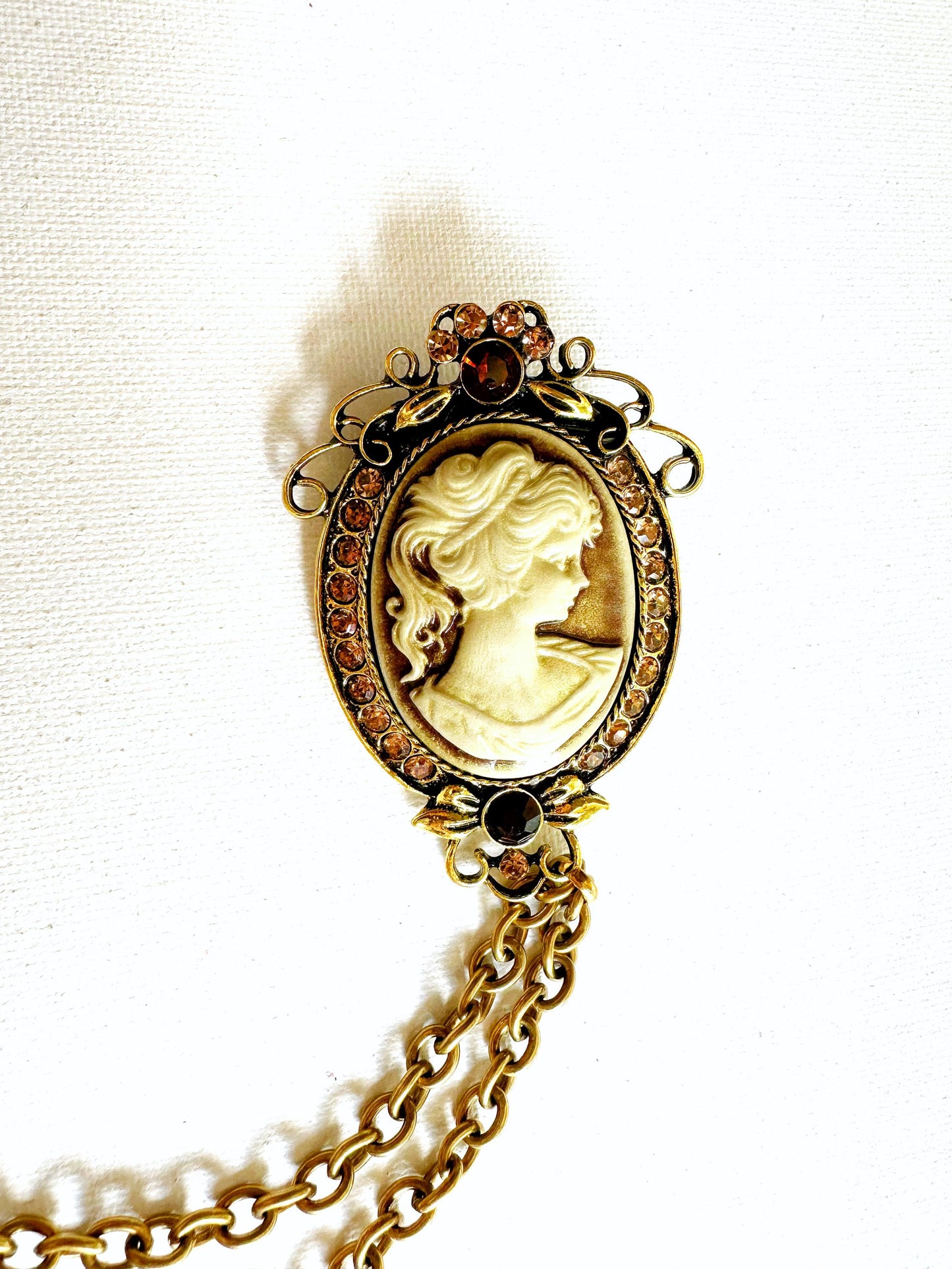 Gold-toned Cameo Cloak Clasp, Costume Cameo Brooch w/ Chains | Victorian Fairytale Closure, Gothic Edwardian  | Adult Costume Accessories